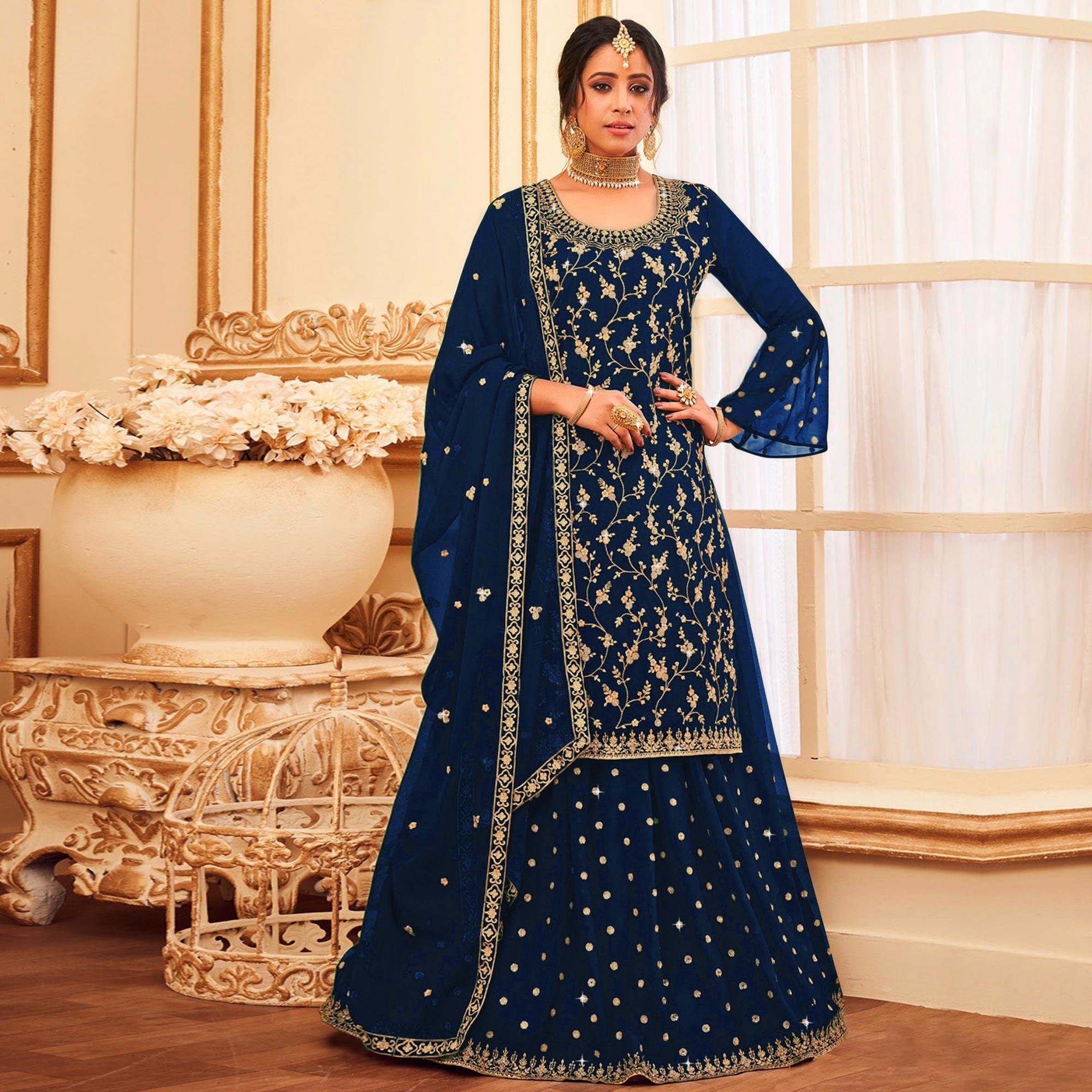 Royal Blue Embroidered With Embellished Georgette Sharara Suit - Peachmode