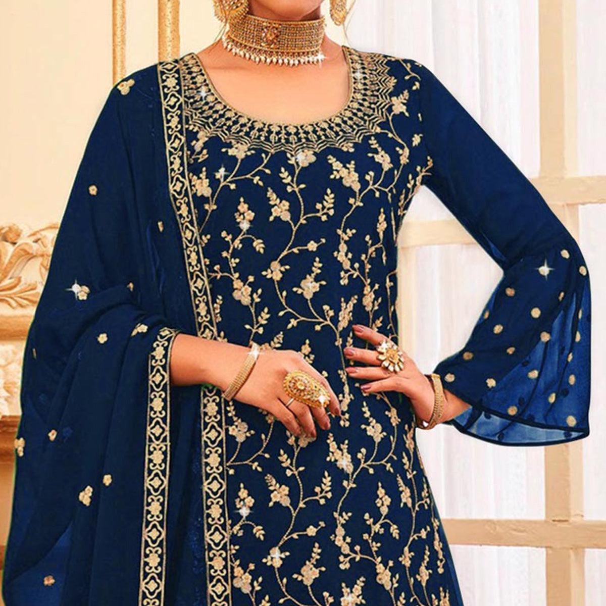 Royal Blue Embroidered With Embellished Georgette Sharara Suit - Peachmode