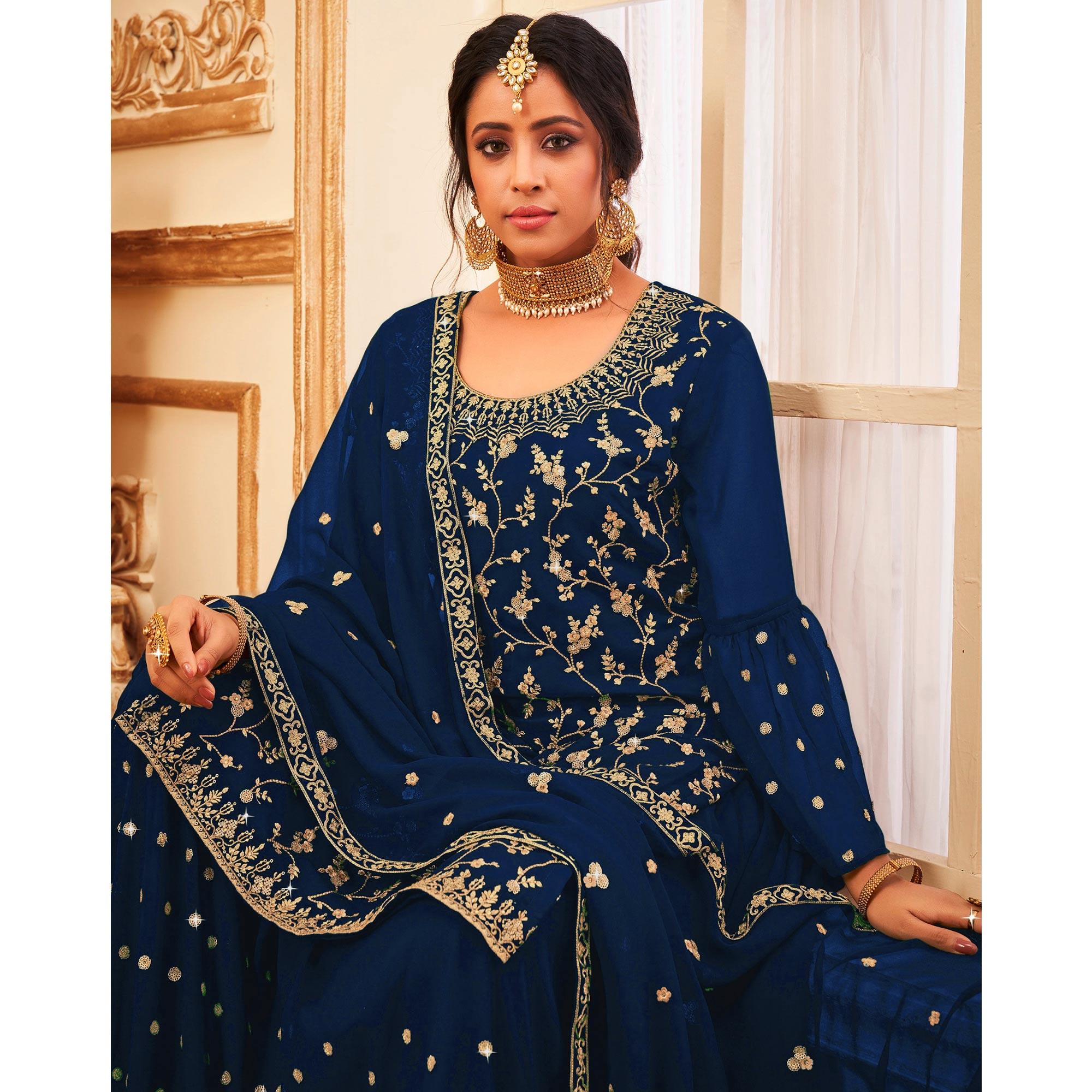 Royal Blue Embroidered With Embellished Georgette Sharara Suit - Peachmode