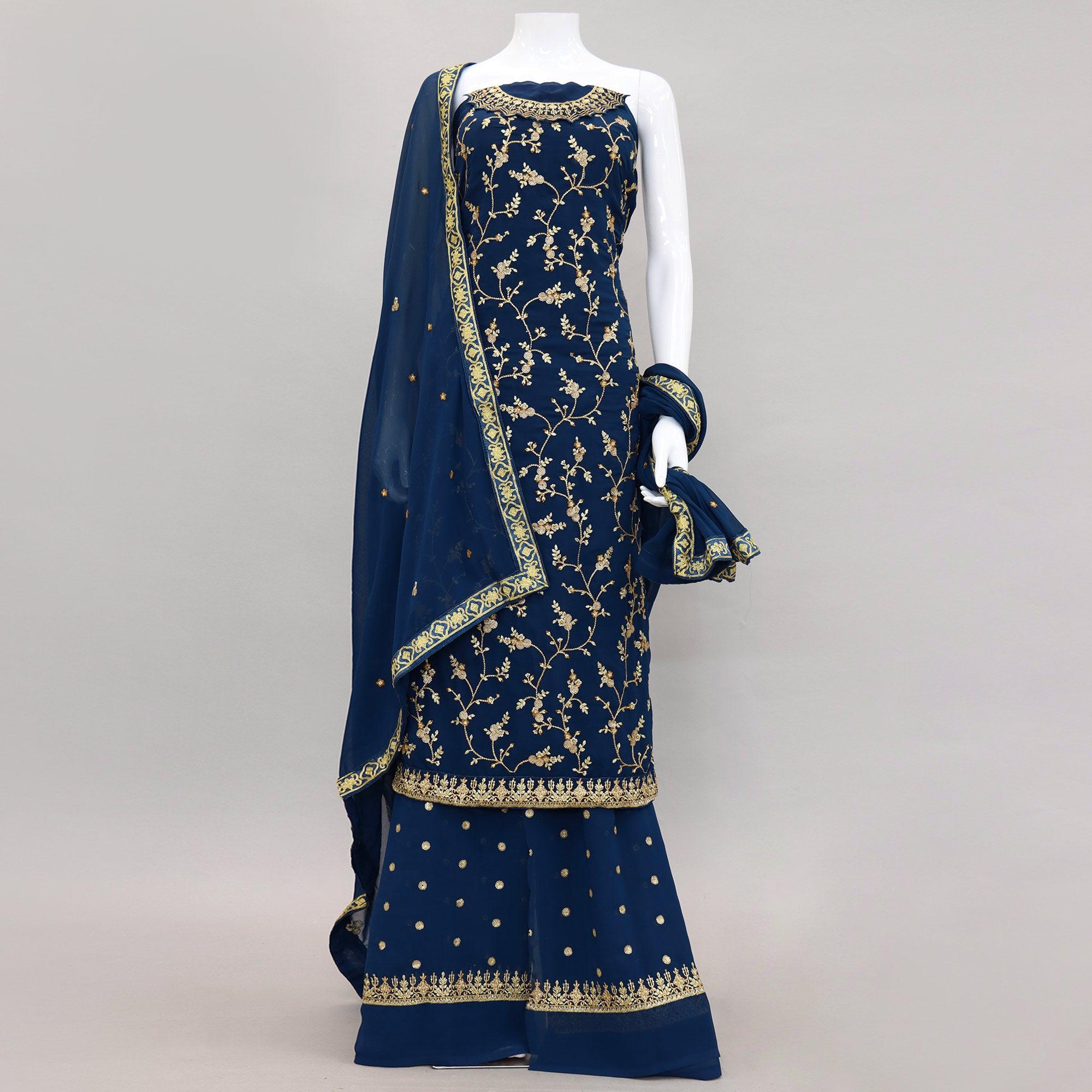 Royal Blue Embroidered With Embellished Georgette Sharara Suit - Peachmode