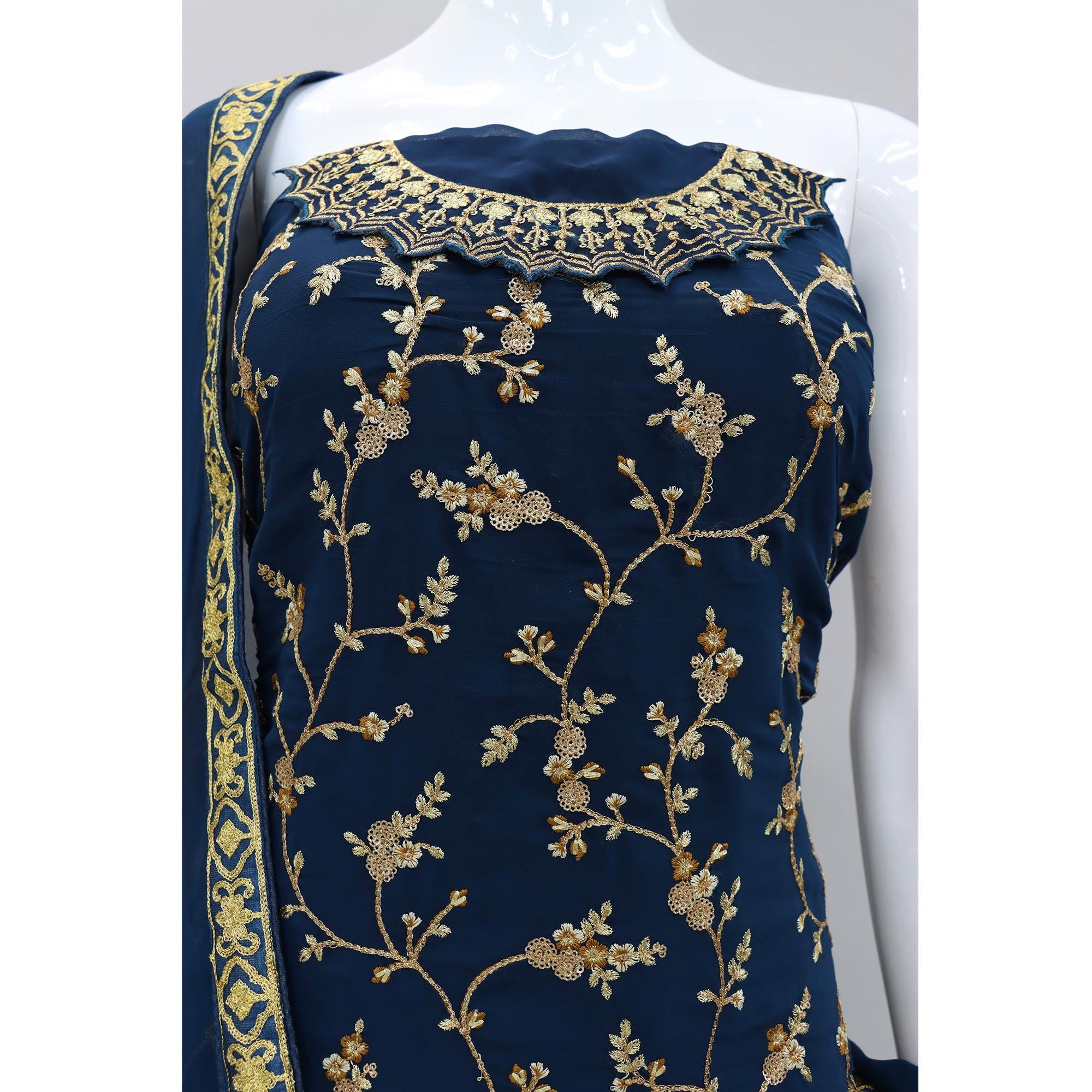 Royal Blue Embroidered With Embellished Georgette Sharara Suit - Peachmode