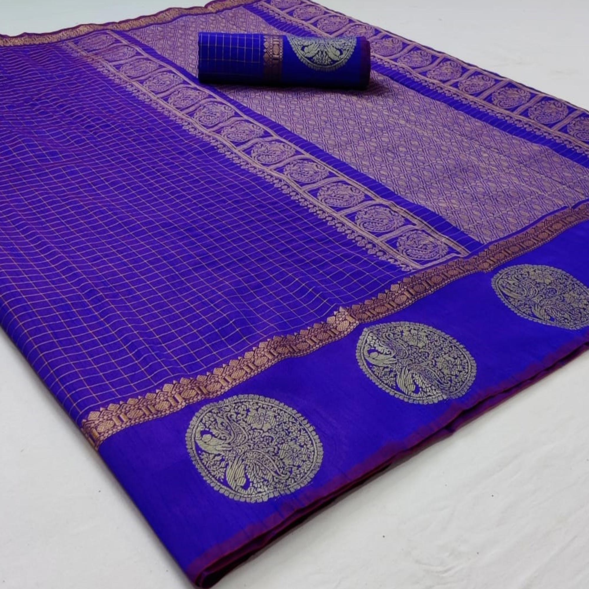 Royal Blue Festive Wear Checks Pattern Woven Silk Saree - Peachmode