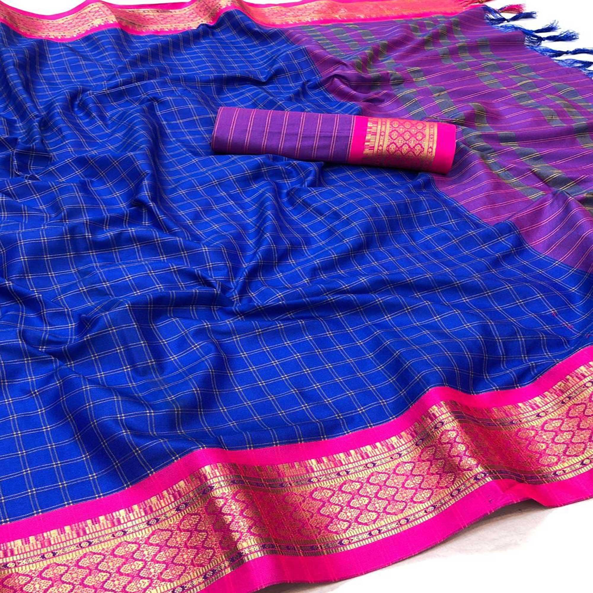 Royal Blue Festive Wear Checks With Woven Border Cotton Silk Saree - Peachmode