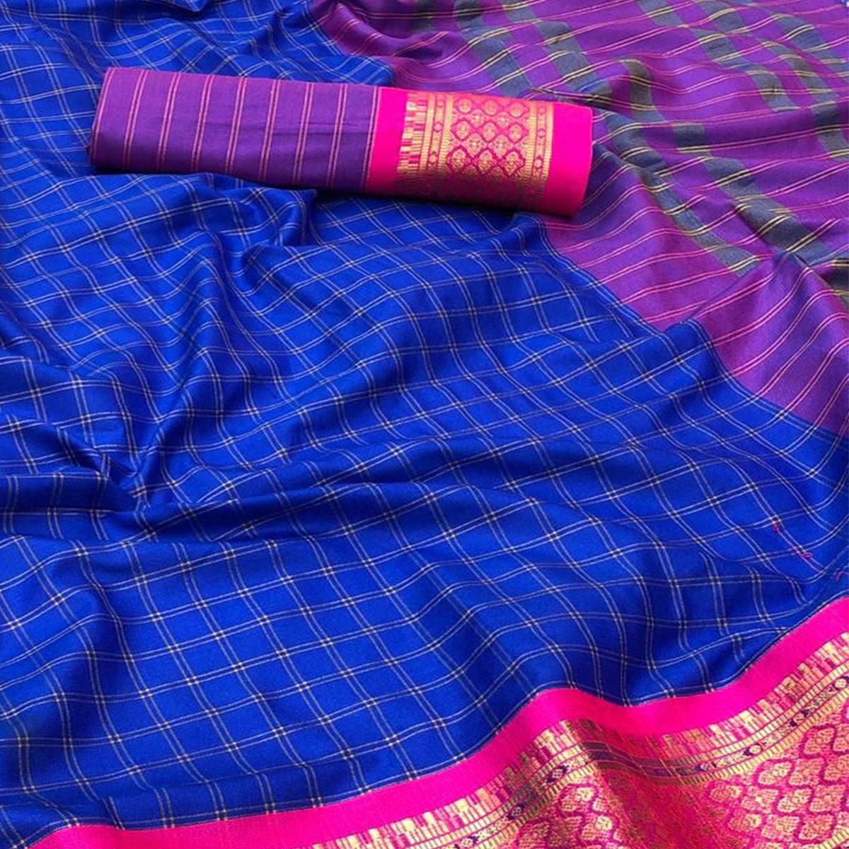 Royal Blue Festive Wear Checks With Woven Border Cotton Silk Saree - Peachmode