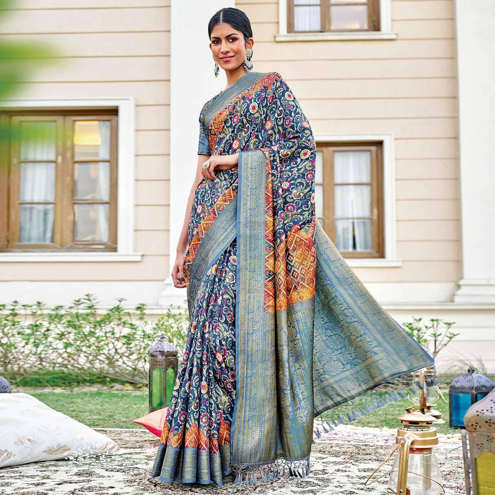 Royal Blue Festive Wear Digital Printed Woven Silk Saree - Peachmode