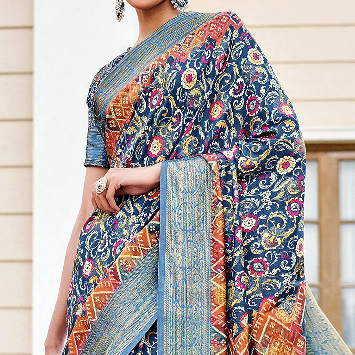 Royal Blue Festive Wear Digital Printed Woven Silk Saree - Peachmode