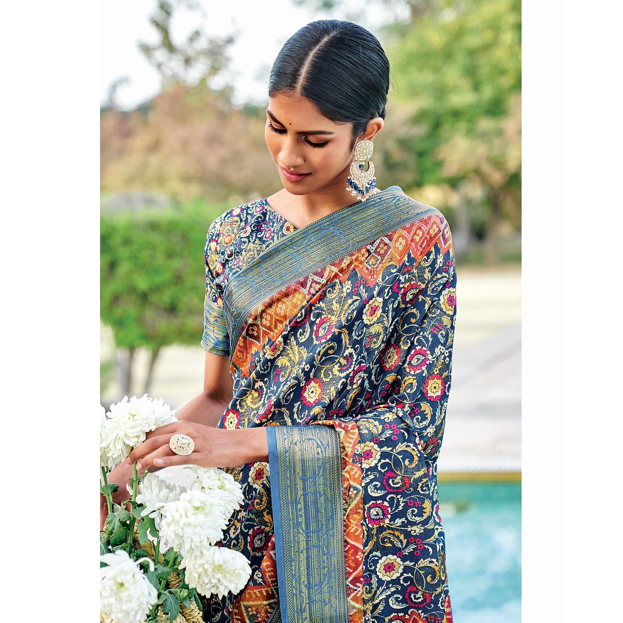 Royal Blue Festive Wear Digital Printed Woven Silk Saree - Peachmode