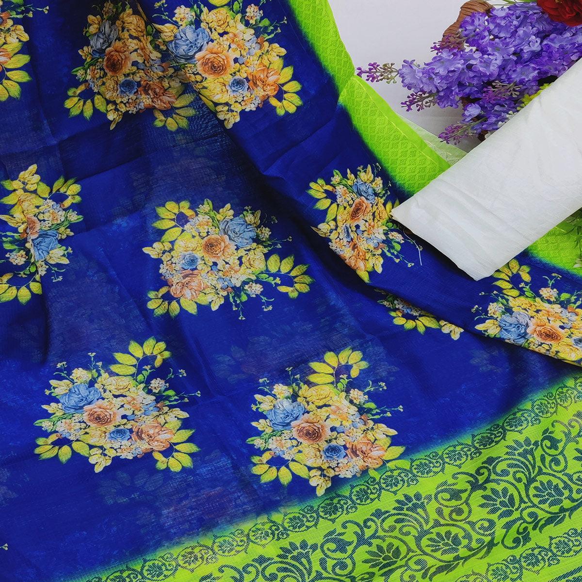 Royal Blue Festive Wear Floral Digital Printed With Woven Border Soft Cotton Saree - Peachmode