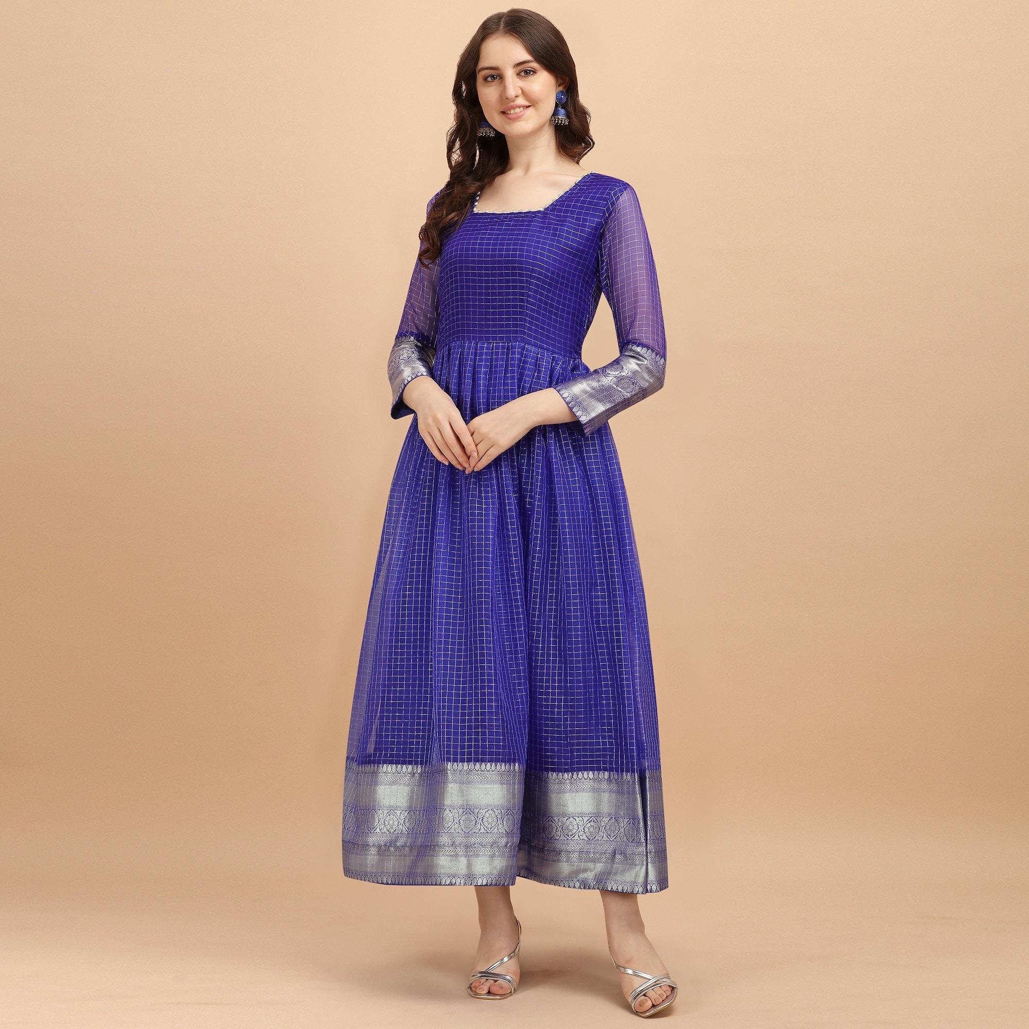 Royal Blue Festive Wear Organza With Diamond Checks With Jacquard Border Designer Long Kurti - Peachmode