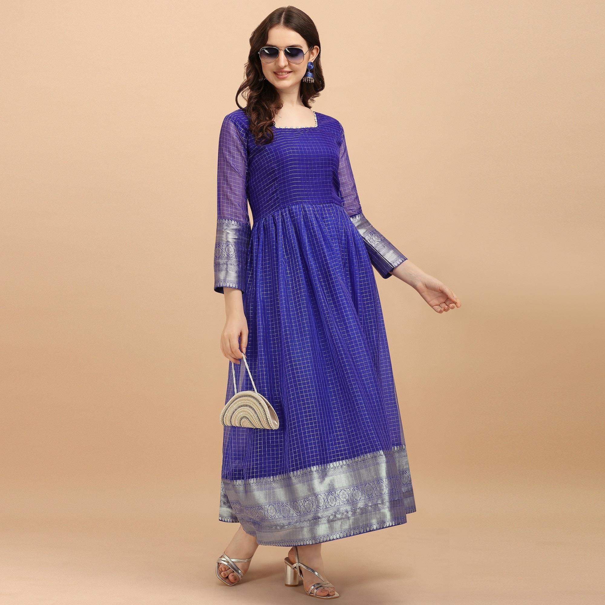 Royal Blue Festive Wear Organza With Diamond Checks With Jacquard Border Designer Long Kurti - Peachmode