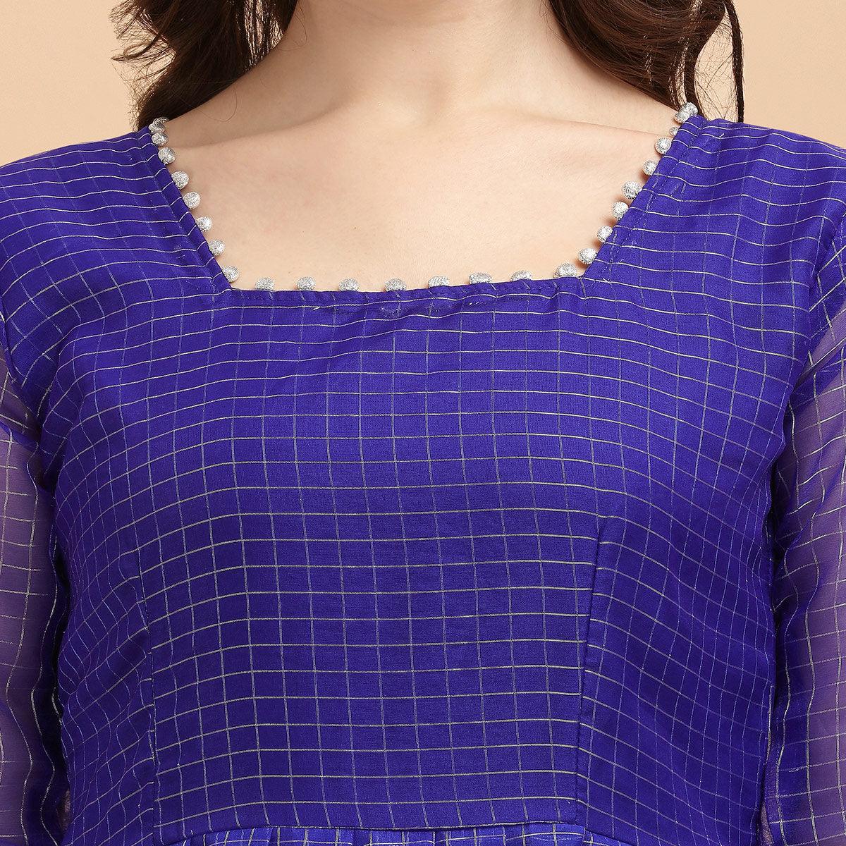 Royal Blue Festive Wear Organza With Diamond Checks With Jacquard Border Designer Long Kurti - Peachmode