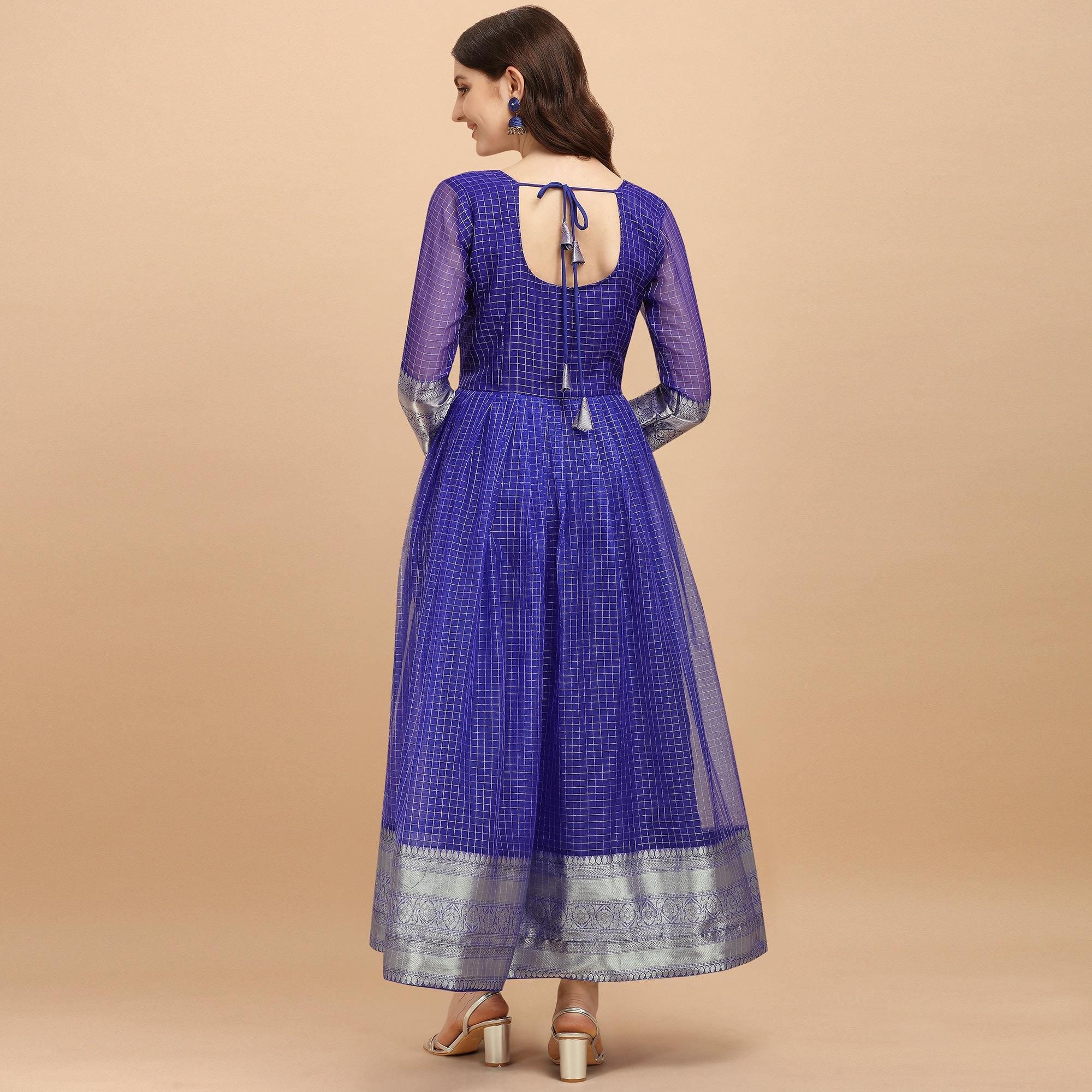 Royal Blue Festive Wear Organza With Diamond Checks With Jacquard Border Designer Long Kurti - Peachmode