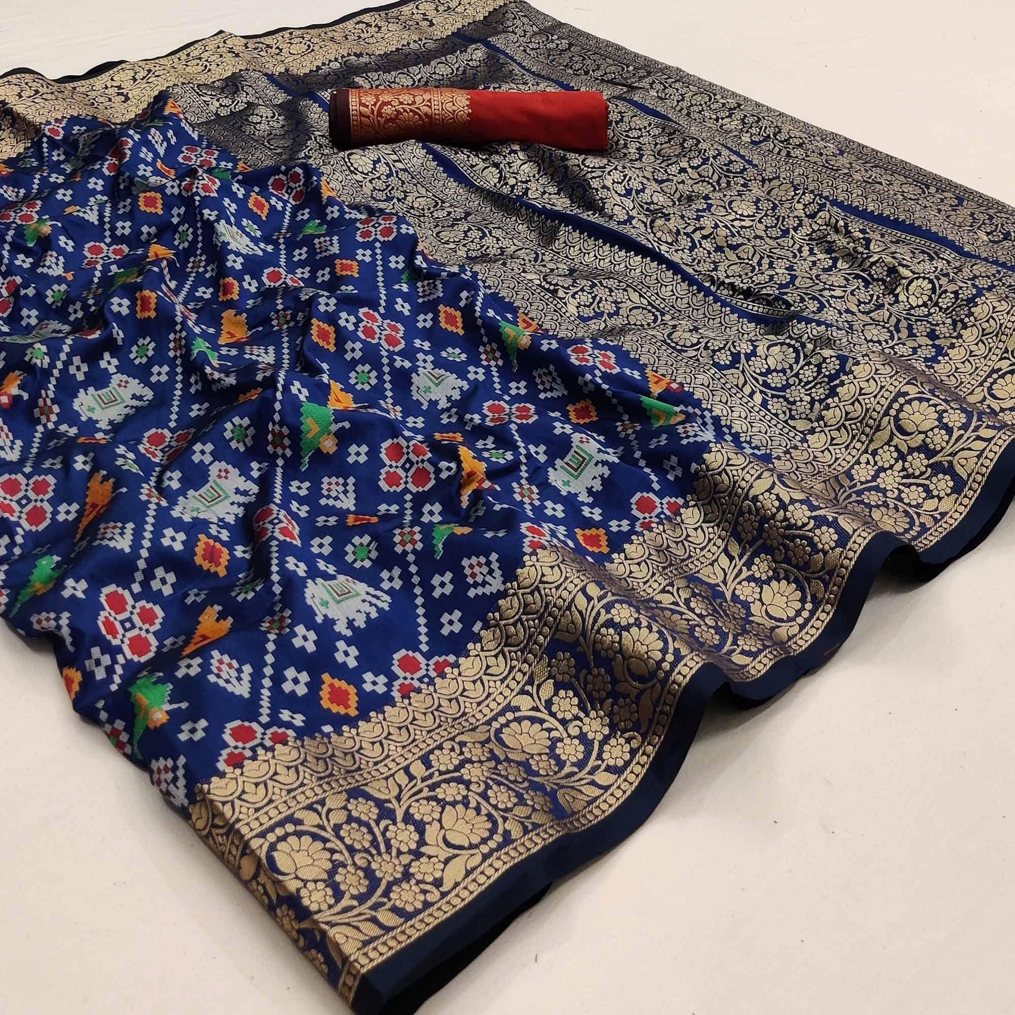 Royal Blue Festive Wear Patola Printed Art Silk Saree - Peachmode