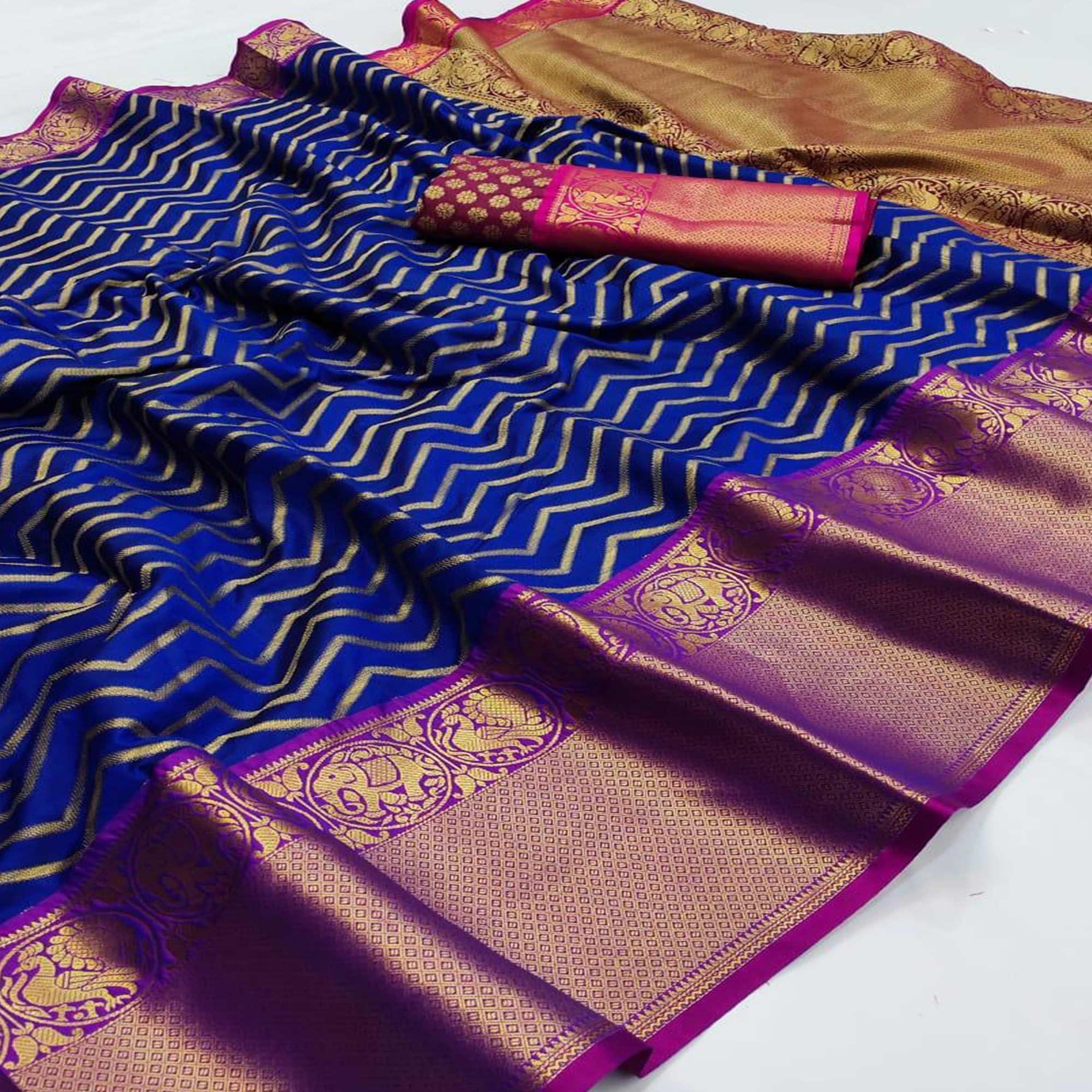 Royal Blue Festive Wear Woven Designer With Meena Butta Rich Pallu Silk Saree - Peachmode