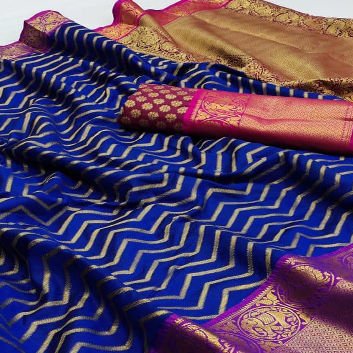 Royal Blue Festive Wear Woven Designer With Meena Butta Rich Pallu Silk Saree - Peachmode
