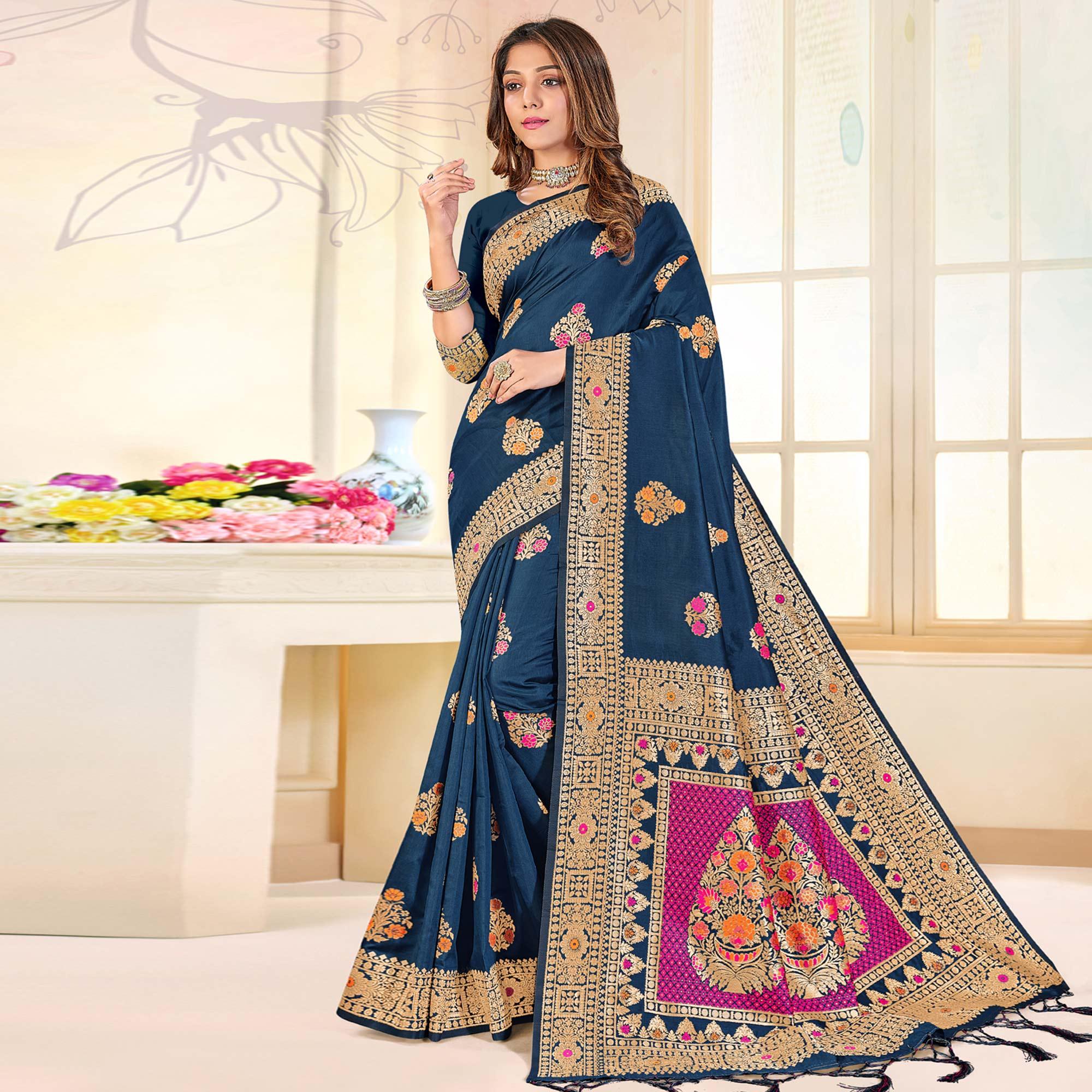 Royal Blue Festive Wear Woven Jari Border Soft Silk Saree - Peachmode