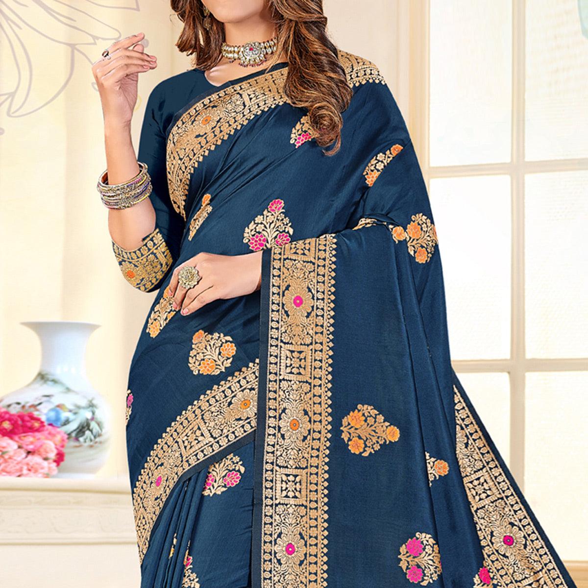Royal Blue Festive Wear Woven Jari Border Soft Silk Saree - Peachmode