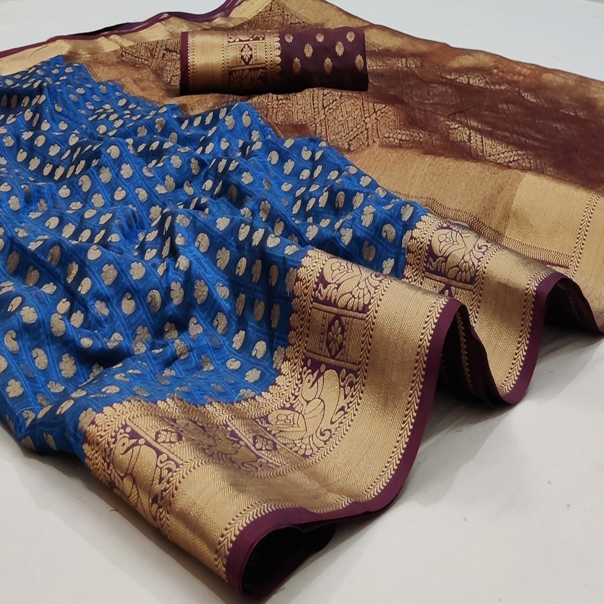 Royal Blue Festive Wear Woven Silk Saree With Jacquard Border - Peachmode