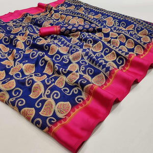 Royal Blue Floral Digital Printed Kota Doria Saree - Peachmode