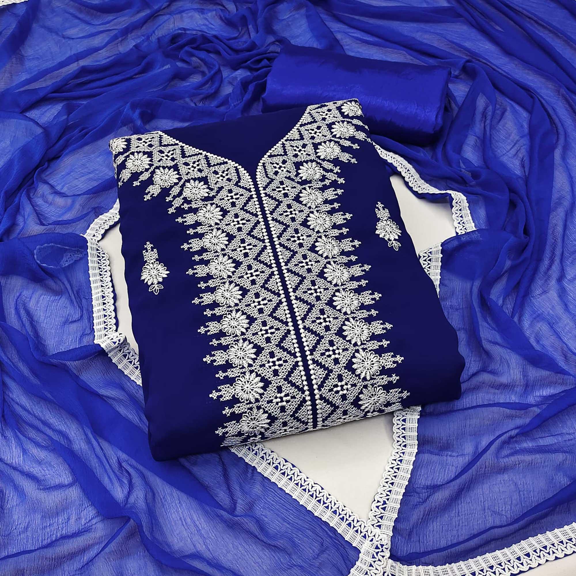 Royal Blue Floral Embroidered Georgette Dress Material - Peachmode