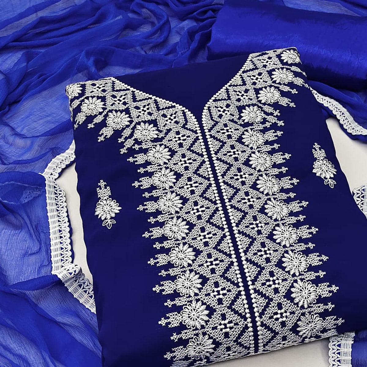 Royal Blue Floral Embroidered Georgette Dress Material - Peachmode