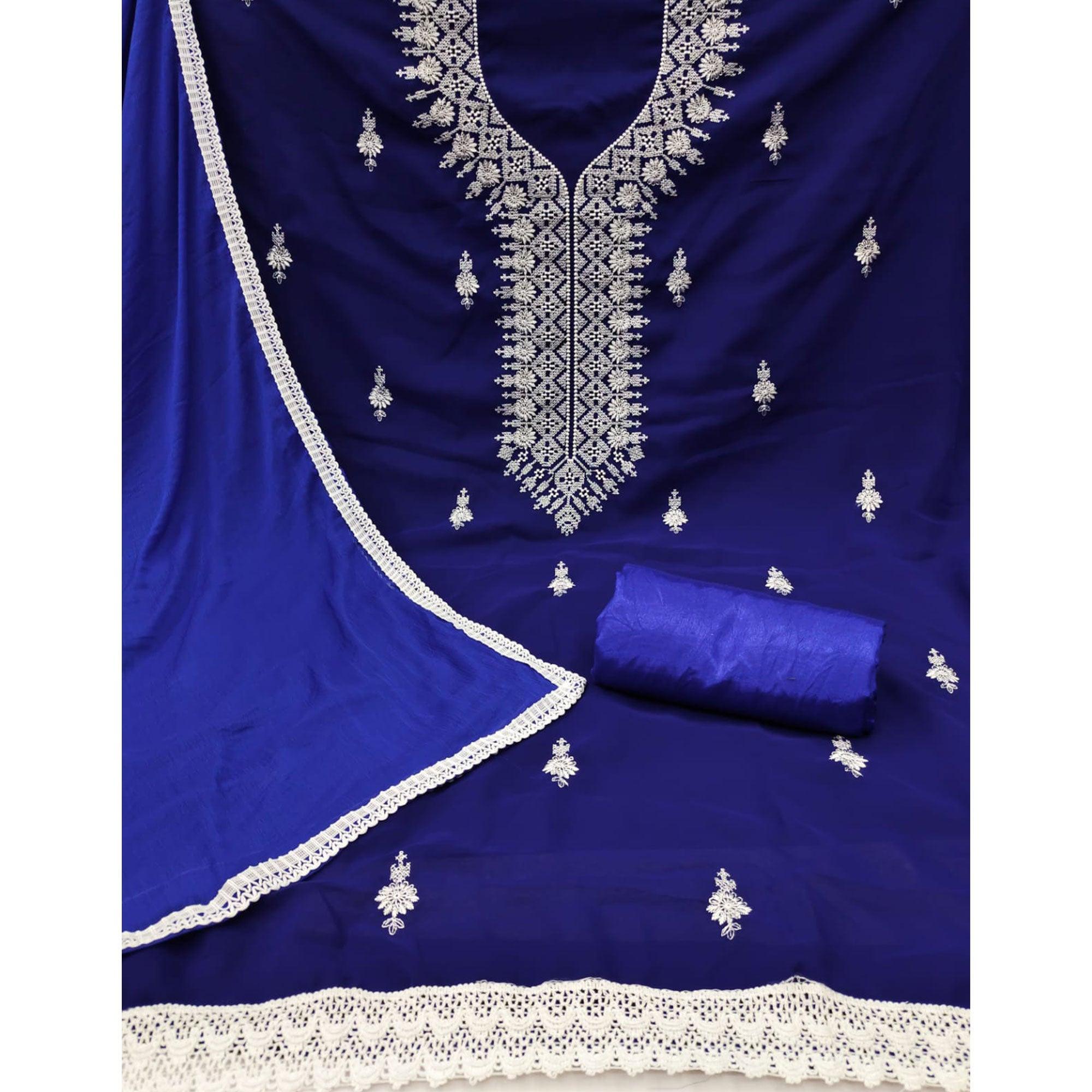Royal Blue Floral Embroidered Georgette Dress Material - Peachmode