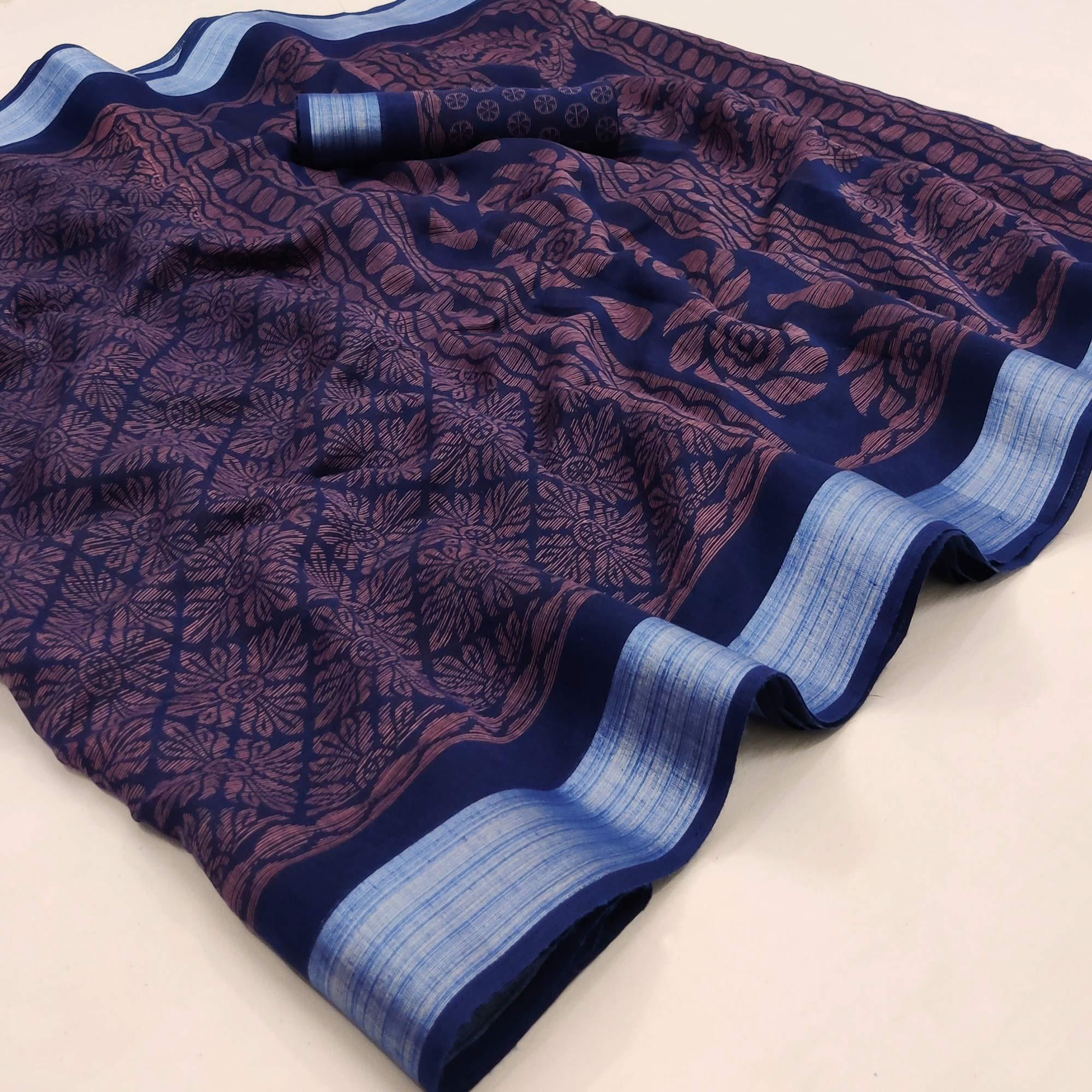 Royal Blue Floral Printed Linen Saree - Peachmode