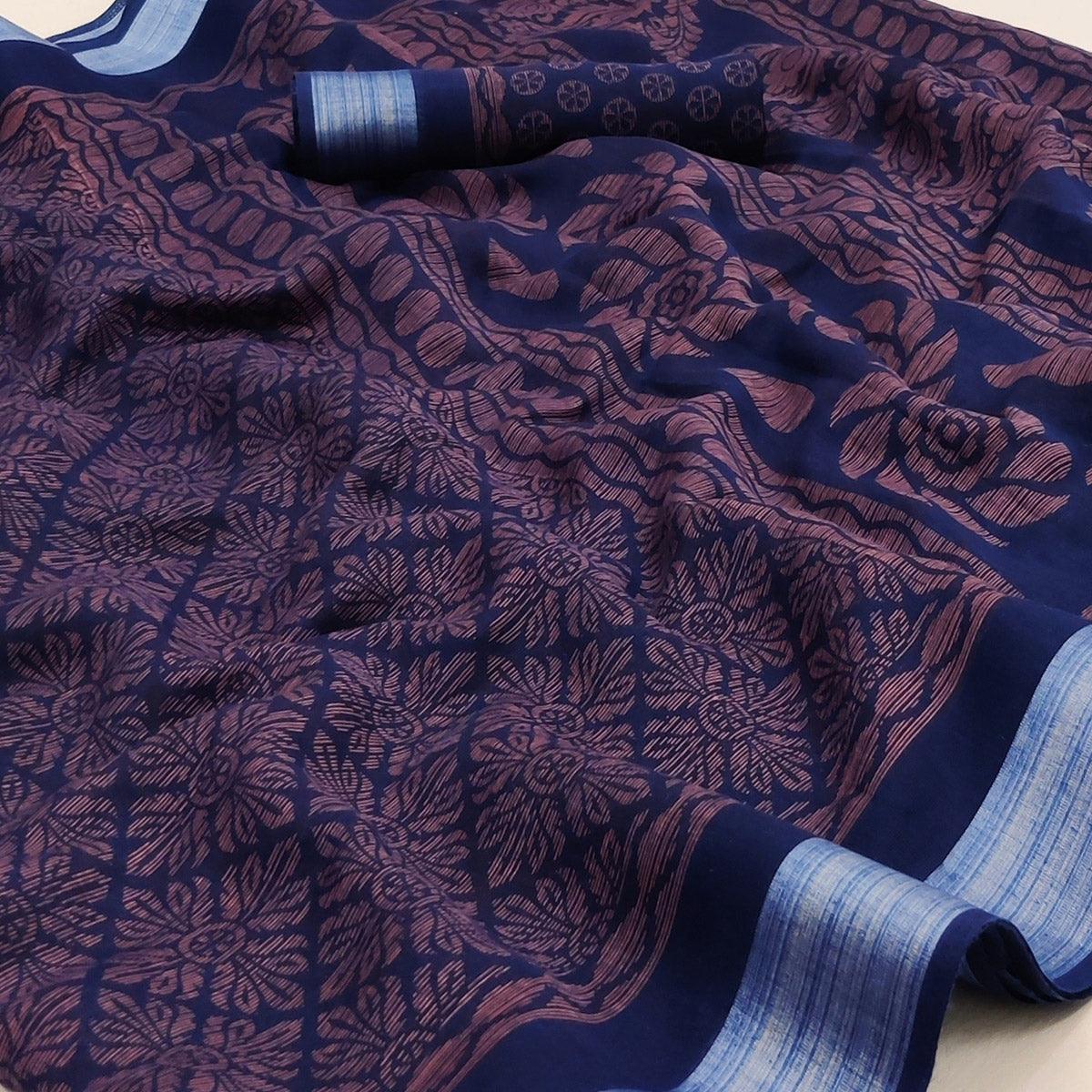 Royal Blue Floral Printed Linen Saree - Peachmode