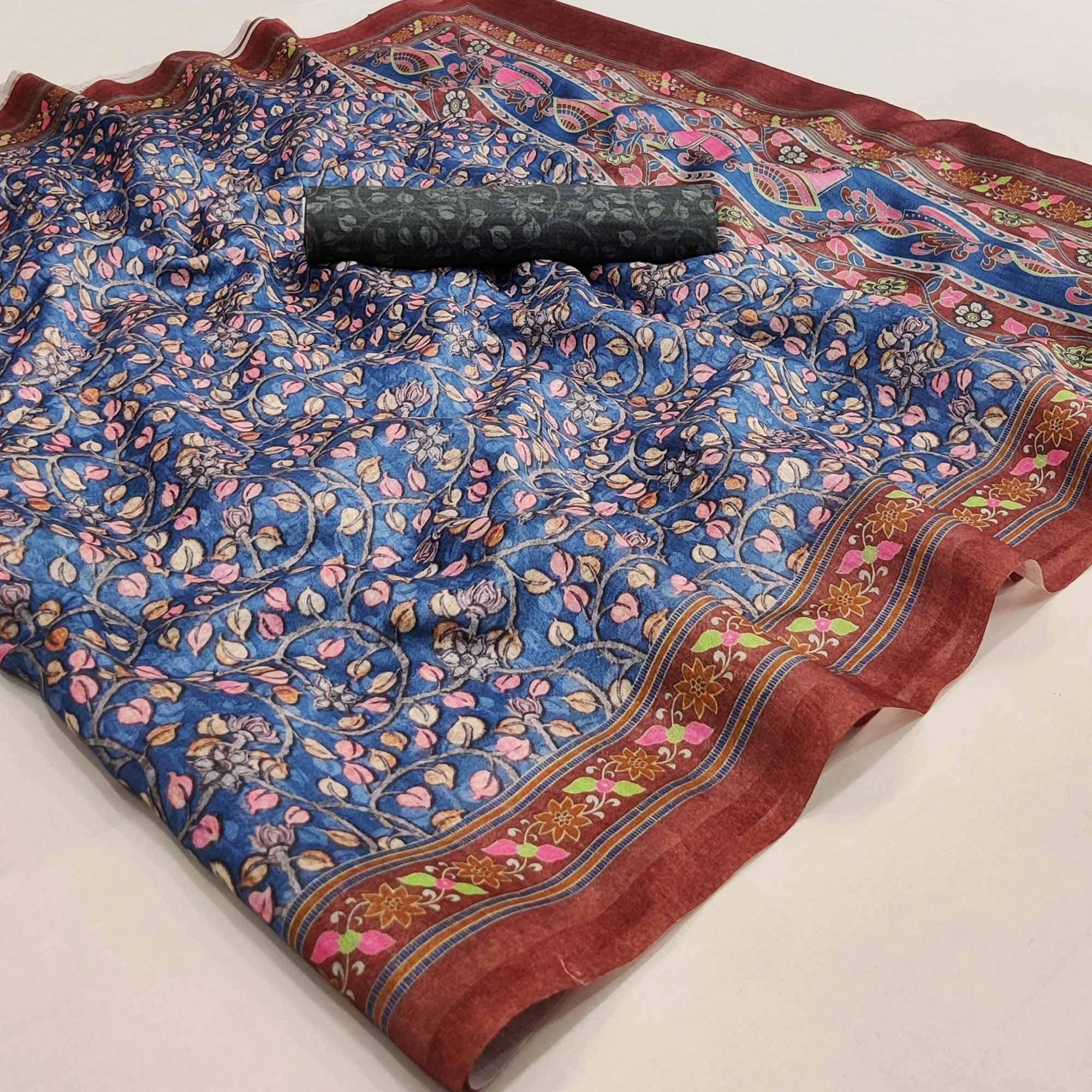 Royal Blue Floral Printed Pure Cotton Saree - Peachmode