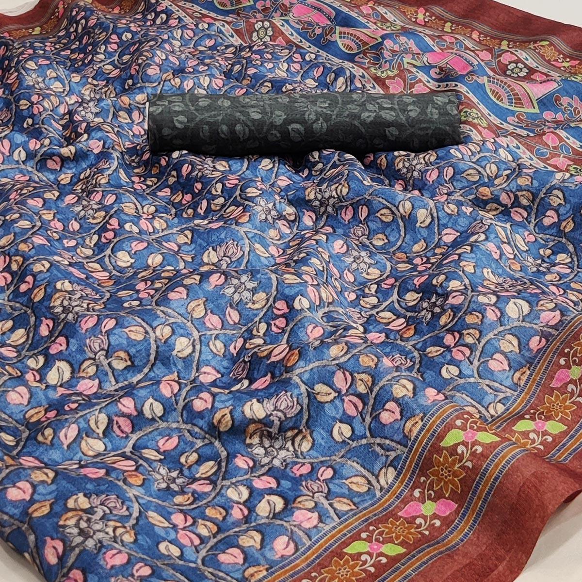 Royal Blue Floral Printed Pure Cotton Saree - Peachmode