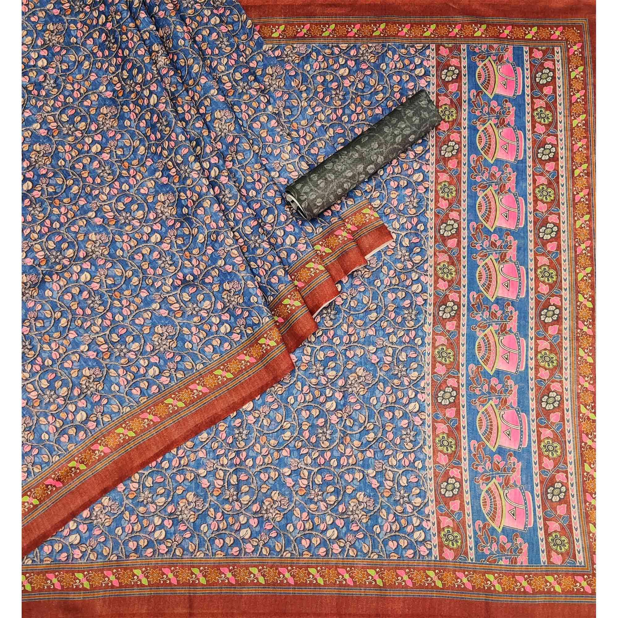 Royal Blue Floral Printed Pure Cotton Saree - Peachmode