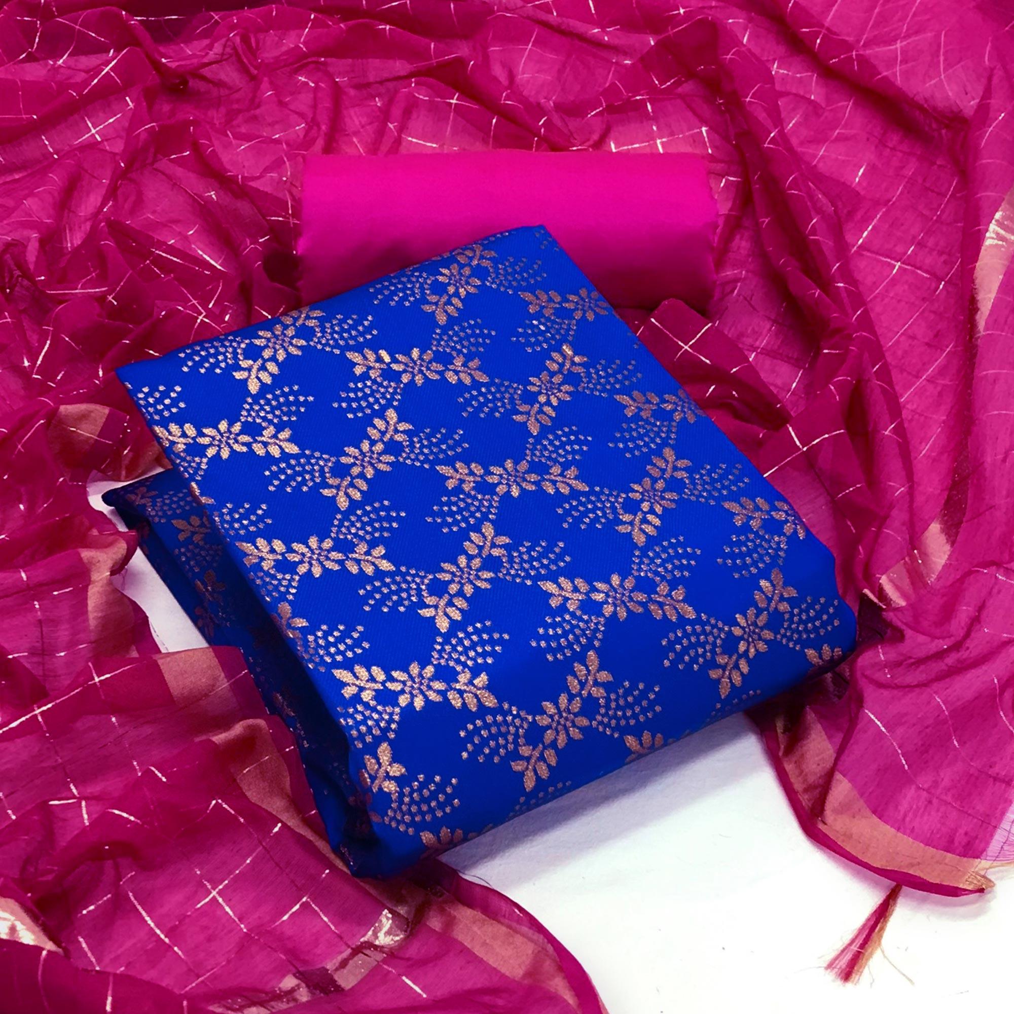 Royal Blue Floral Woven Banarasi Silk Dress Material - Peachmode