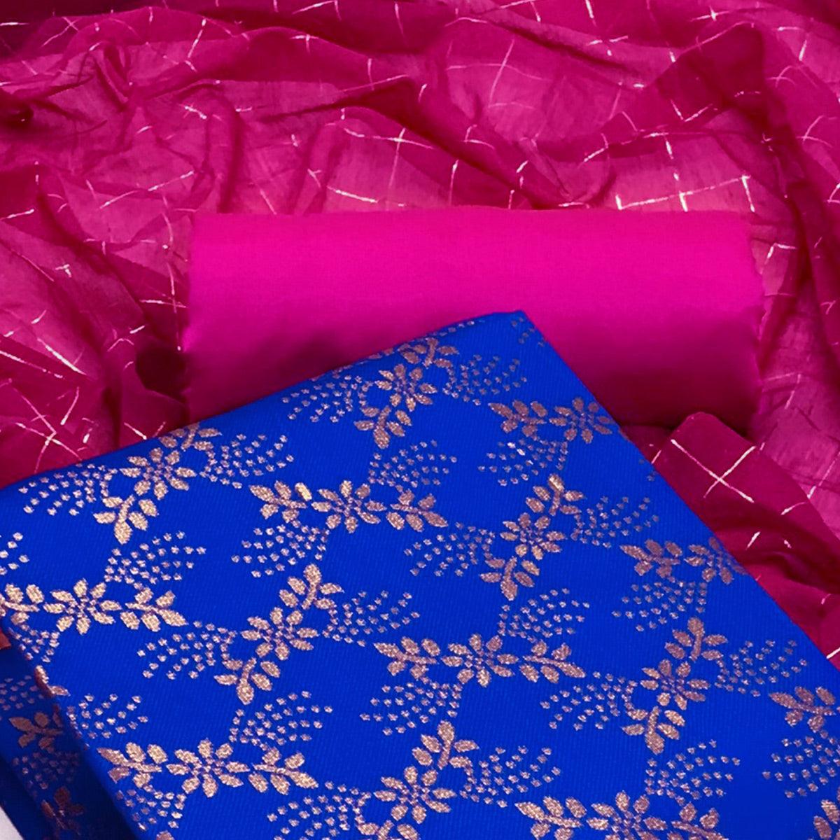 Royal Blue Floral Woven Banarasi Silk Dress Material - Peachmode