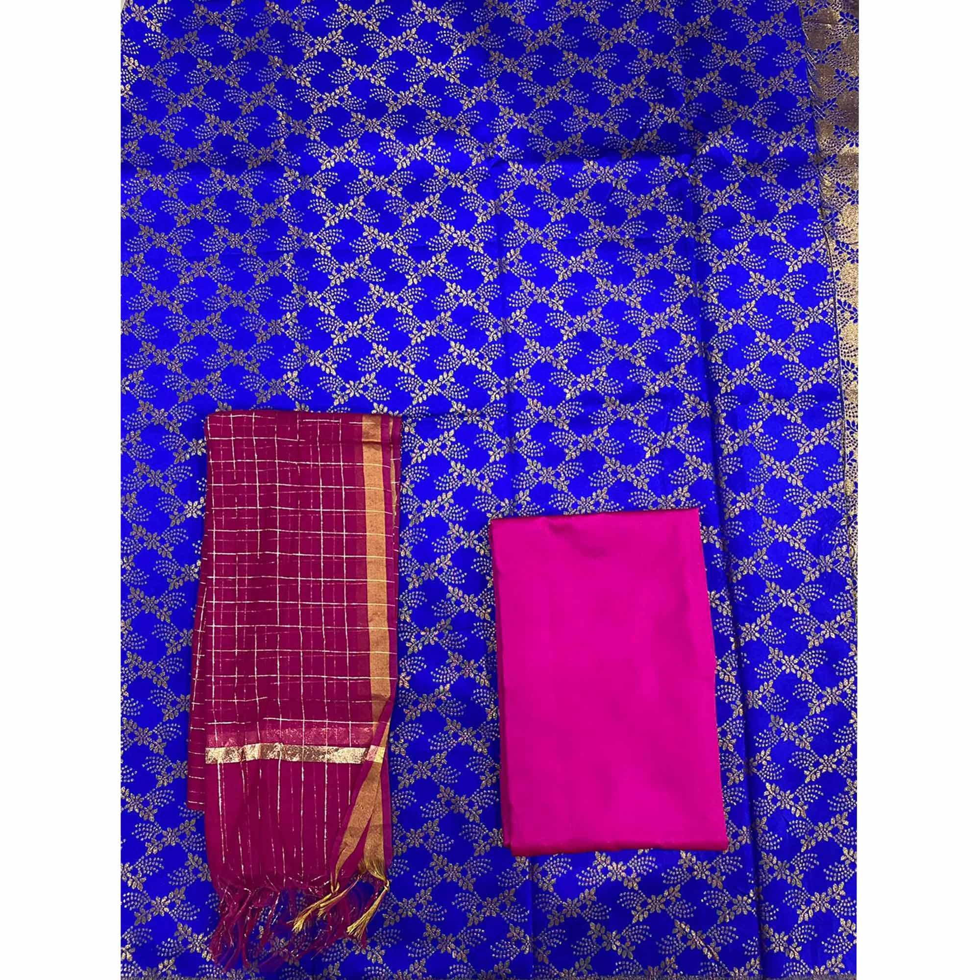 Royal Blue Floral Woven Banarasi Silk Dress Material - Peachmode