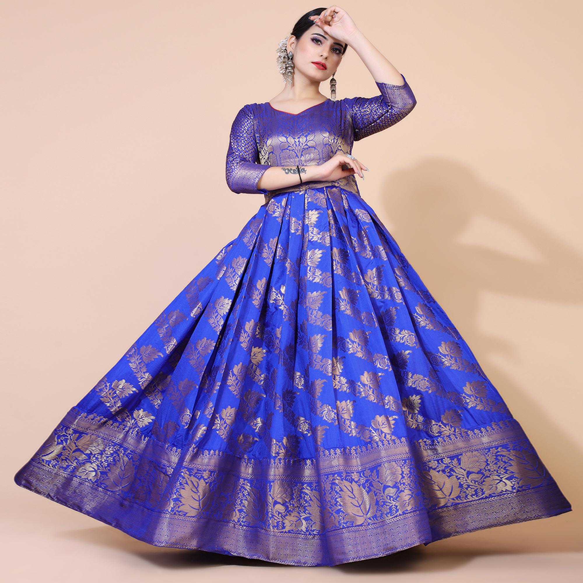 Royal Blue Floral Woven Jacquard Anarkali Style Gown - Peachmode