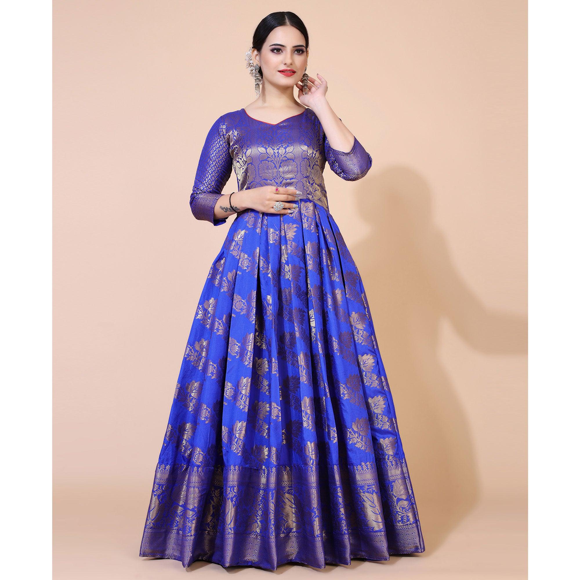 Royal Blue Floral Woven Jacquard Anarkali Style Gown - Peachmode