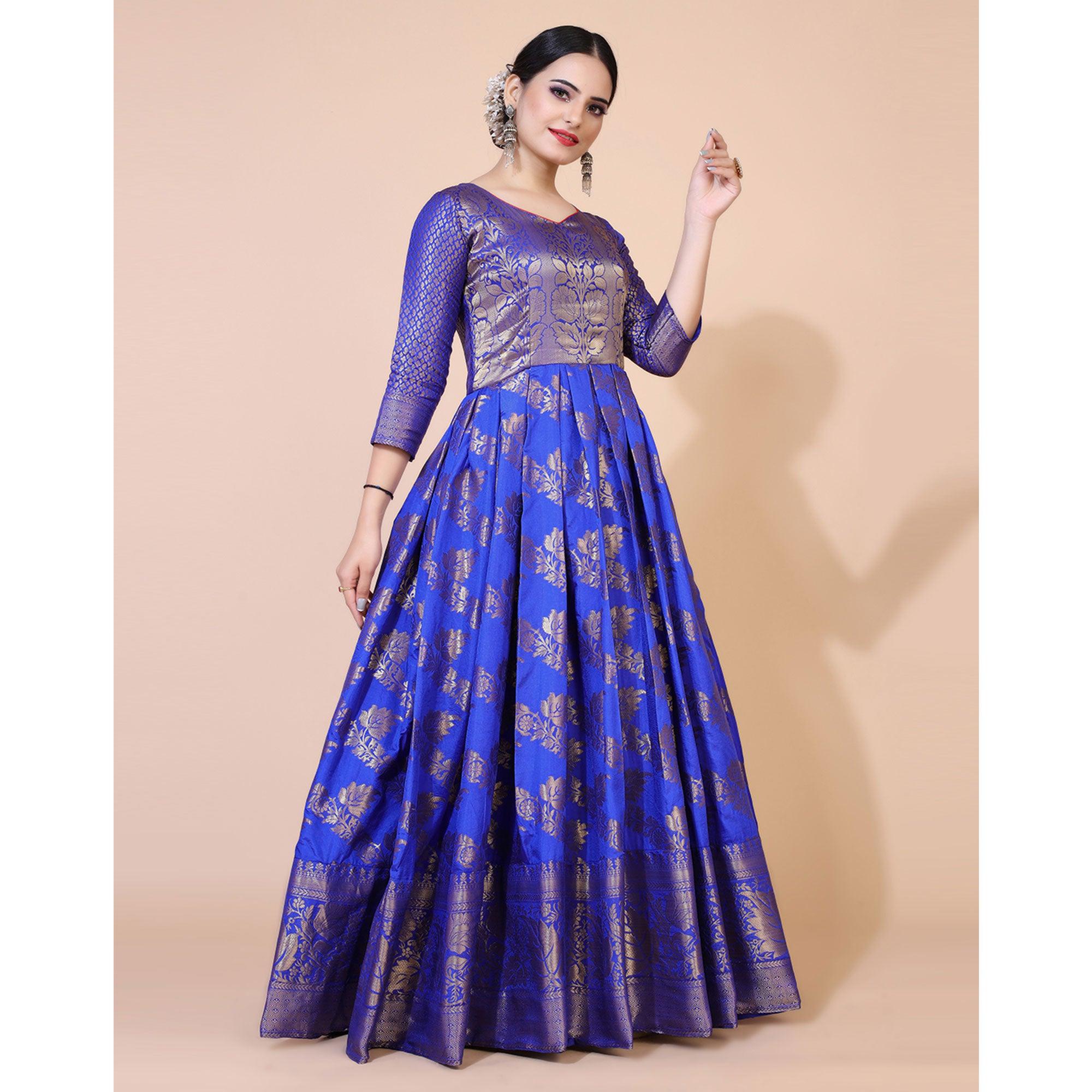 Royal Blue Floral Woven Jacquard Anarkali Style Gown - Peachmode