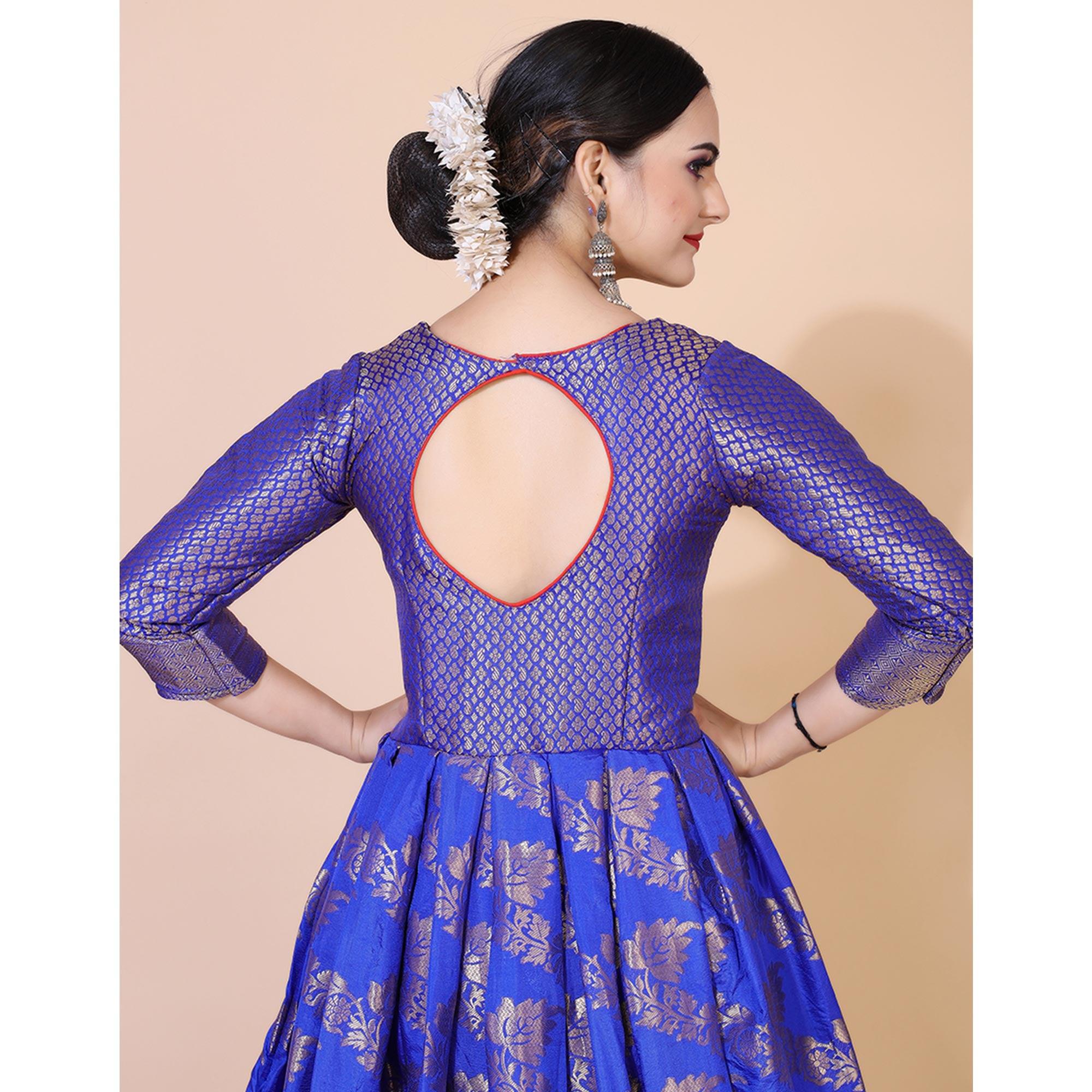 Royal Blue Floral Woven Jacquard Anarkali Style Gown - Peachmode