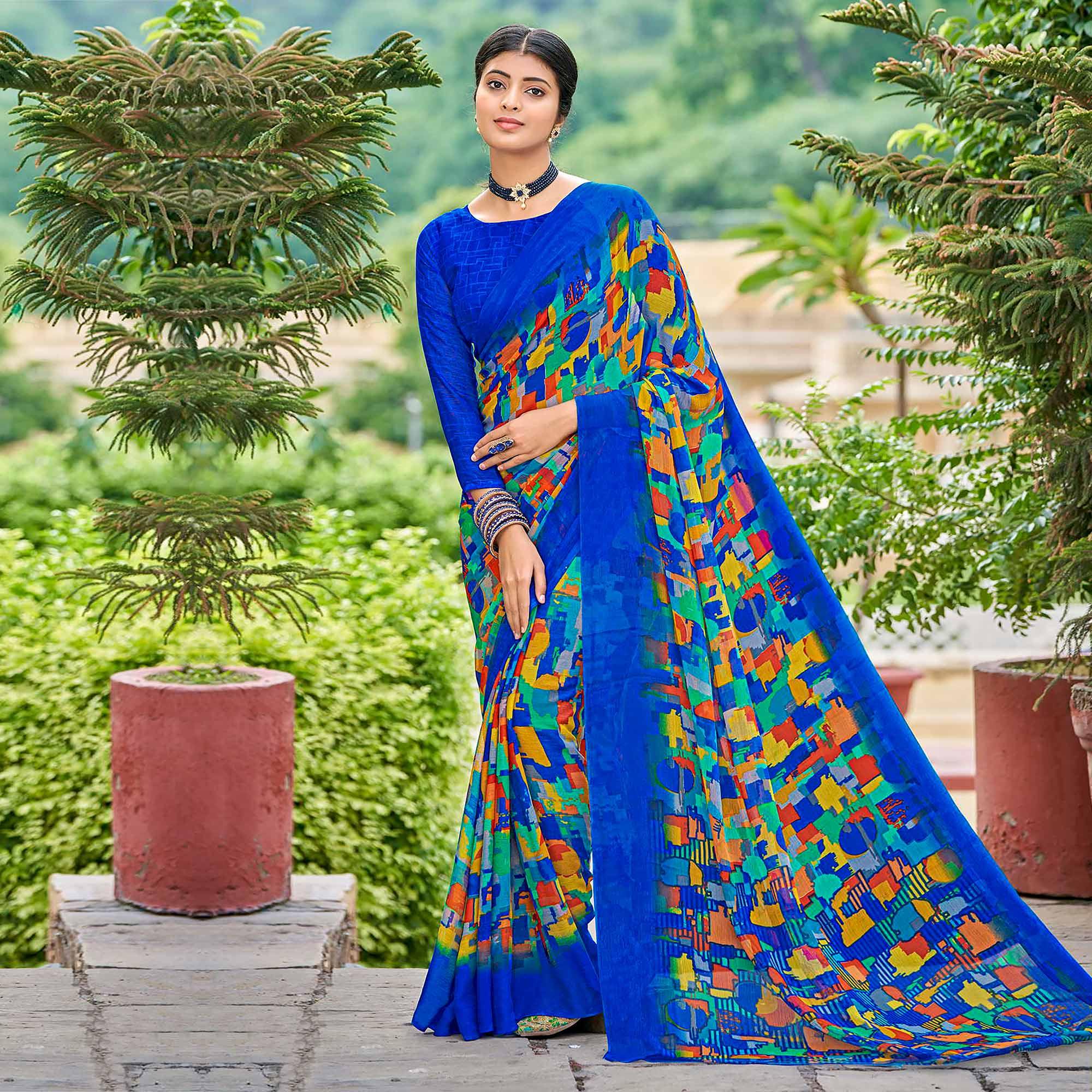Royal Blue Geometric Printed Chiffon Saree - Peachmode