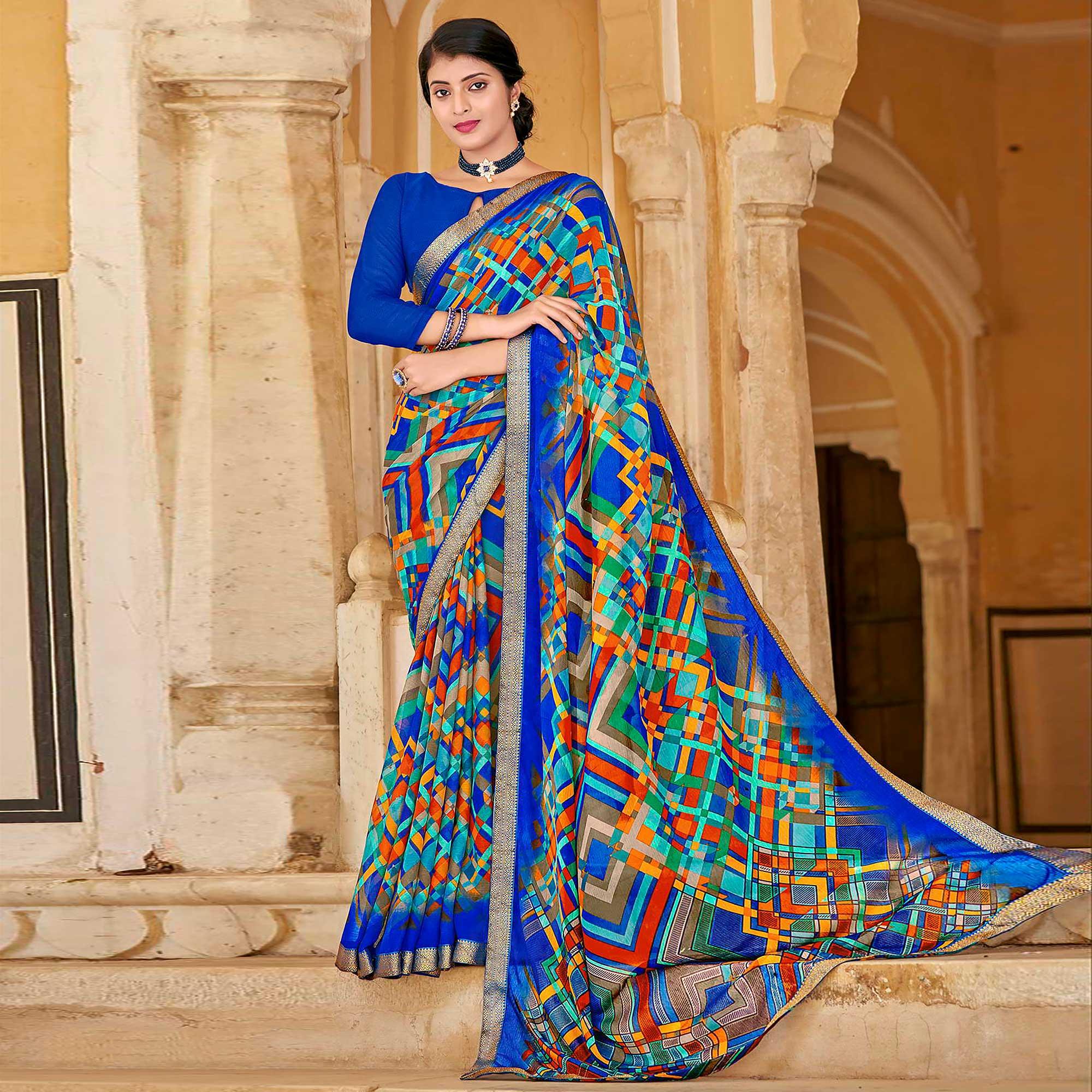 Royal Blue Geometric Printed Chiffon Saree - Peachmode