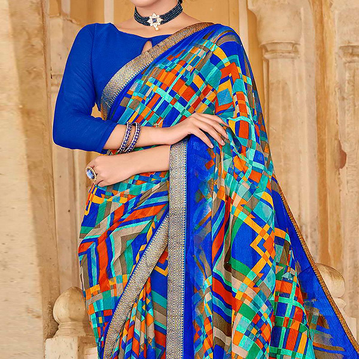 Royal Blue Geometric Printed Chiffon Saree - Peachmode