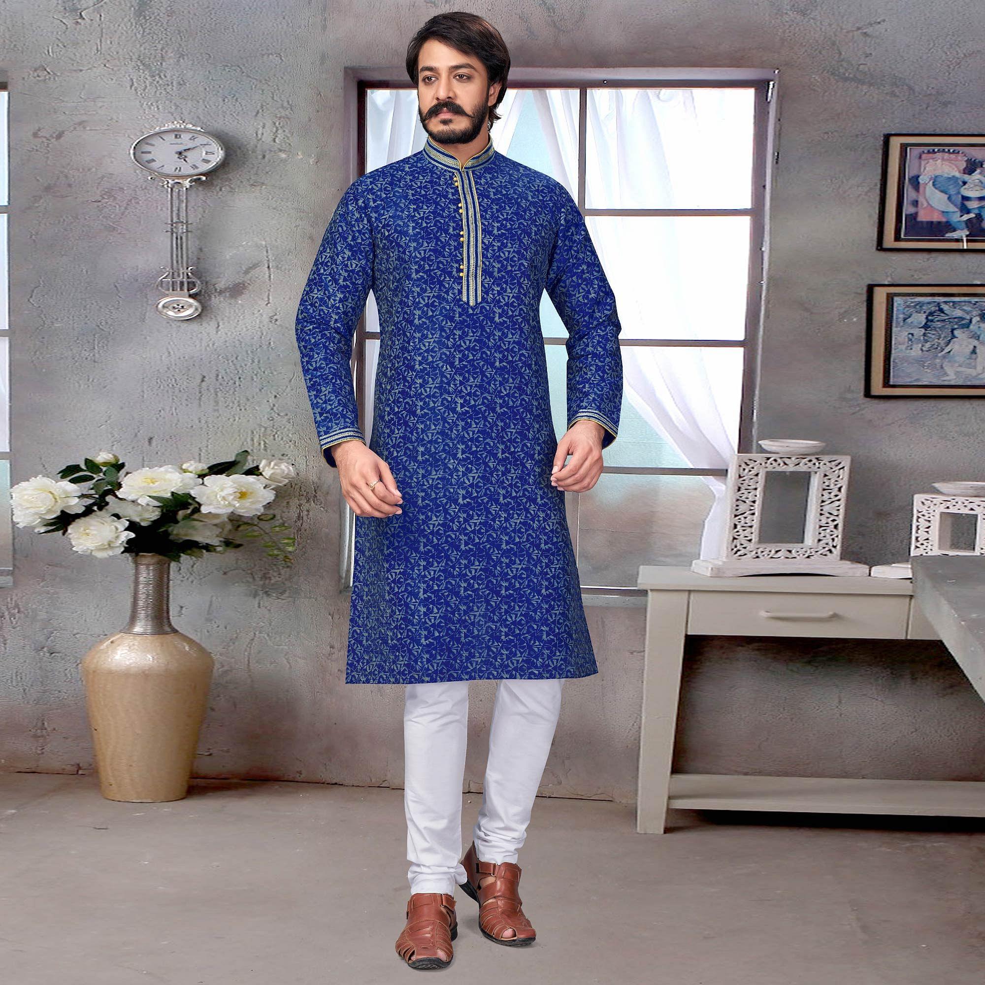 Royal Blue Geometric Printed Poly Cotton Silk Kurta Pyjama Set - Peachmode