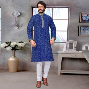 Royal Blue Geometric Printed Poly Cotton Silk Kurta Pyjama Set - Peachmode