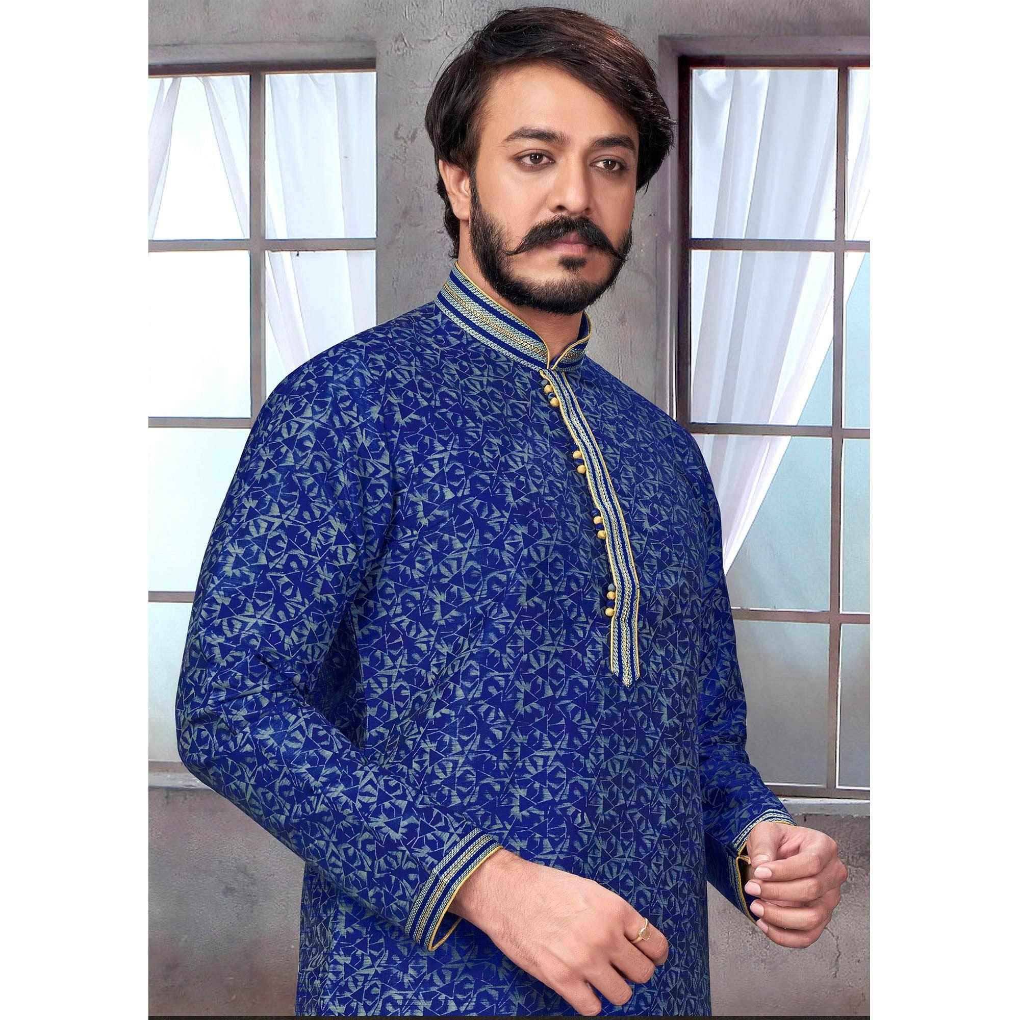 Royal Blue Geometric Printed Poly Cotton Silk Kurta Pyjama Set - Peachmode