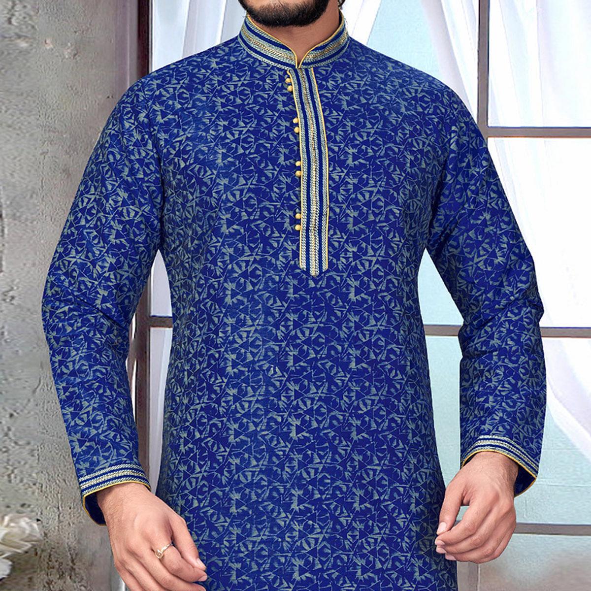 Royal Blue Geometric Printed Poly Cotton Silk Kurta Pyjama Set - Peachmode