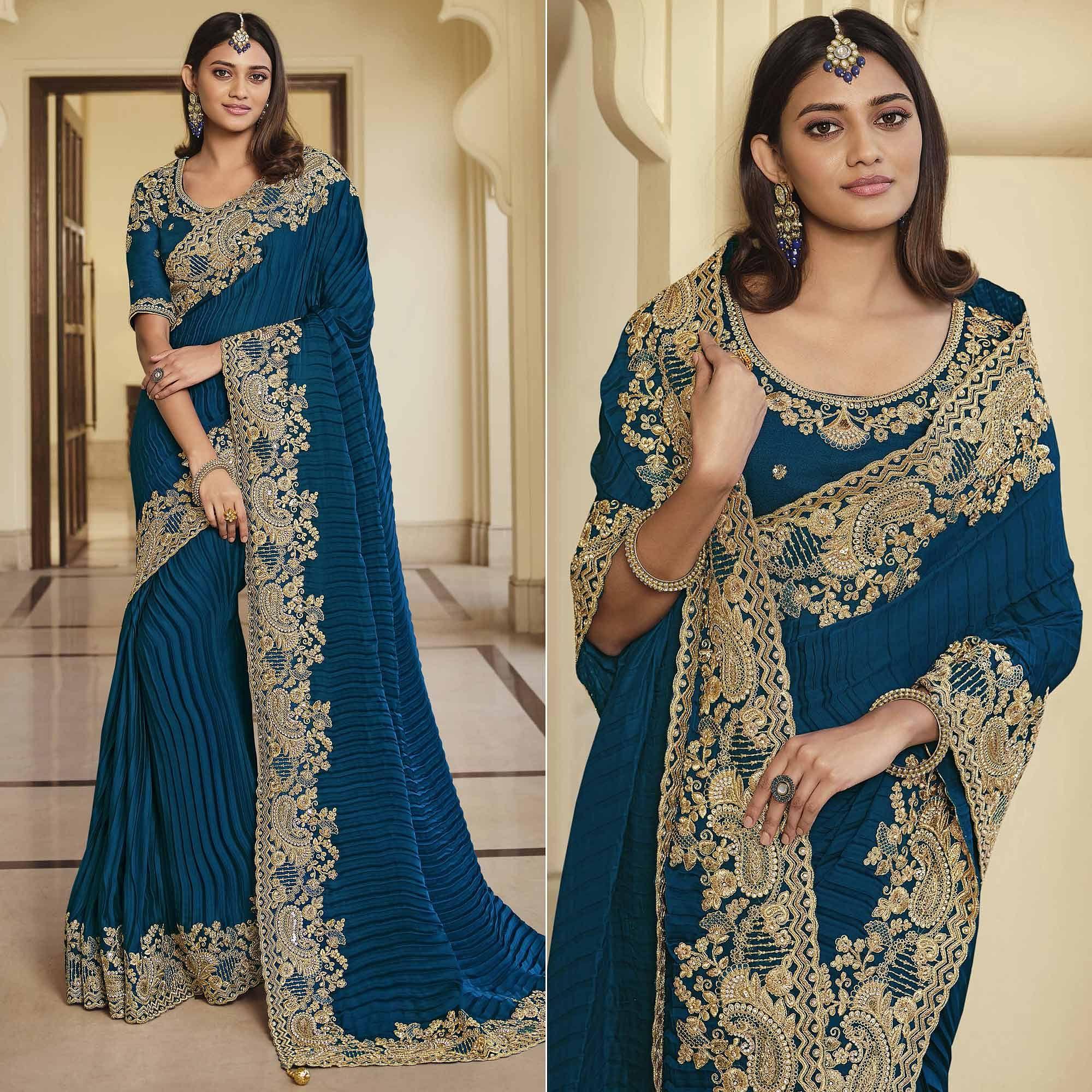 Royal Blue Party Wear Embroidered Satin Saree - Peachmode