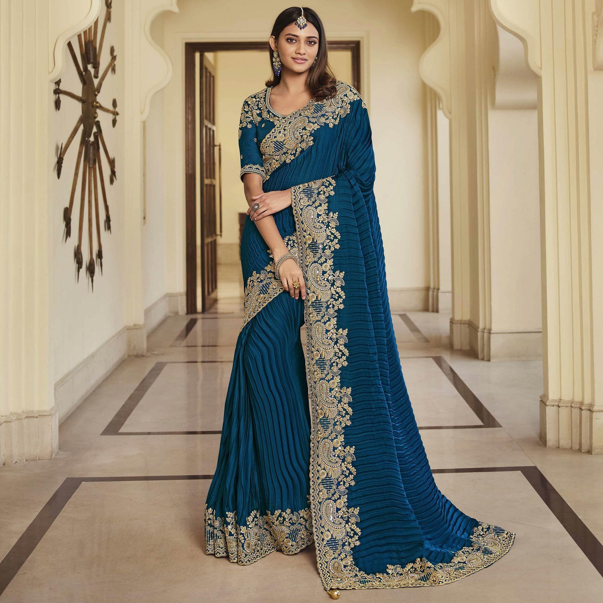 Royal Blue Party Wear Embroidered Satin Saree - Peachmode