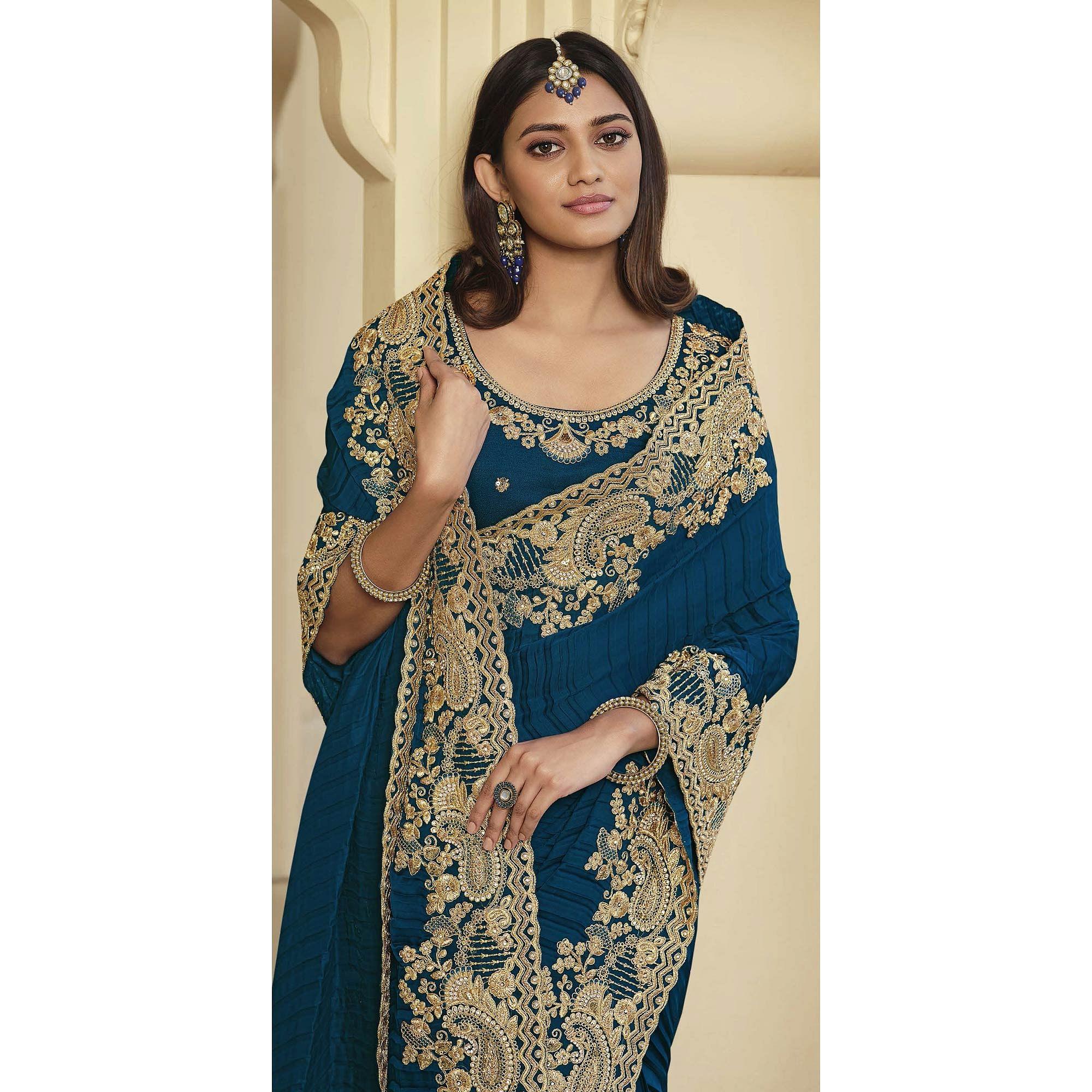 Royal Blue Party Wear Embroidered Satin Saree - Peachmode