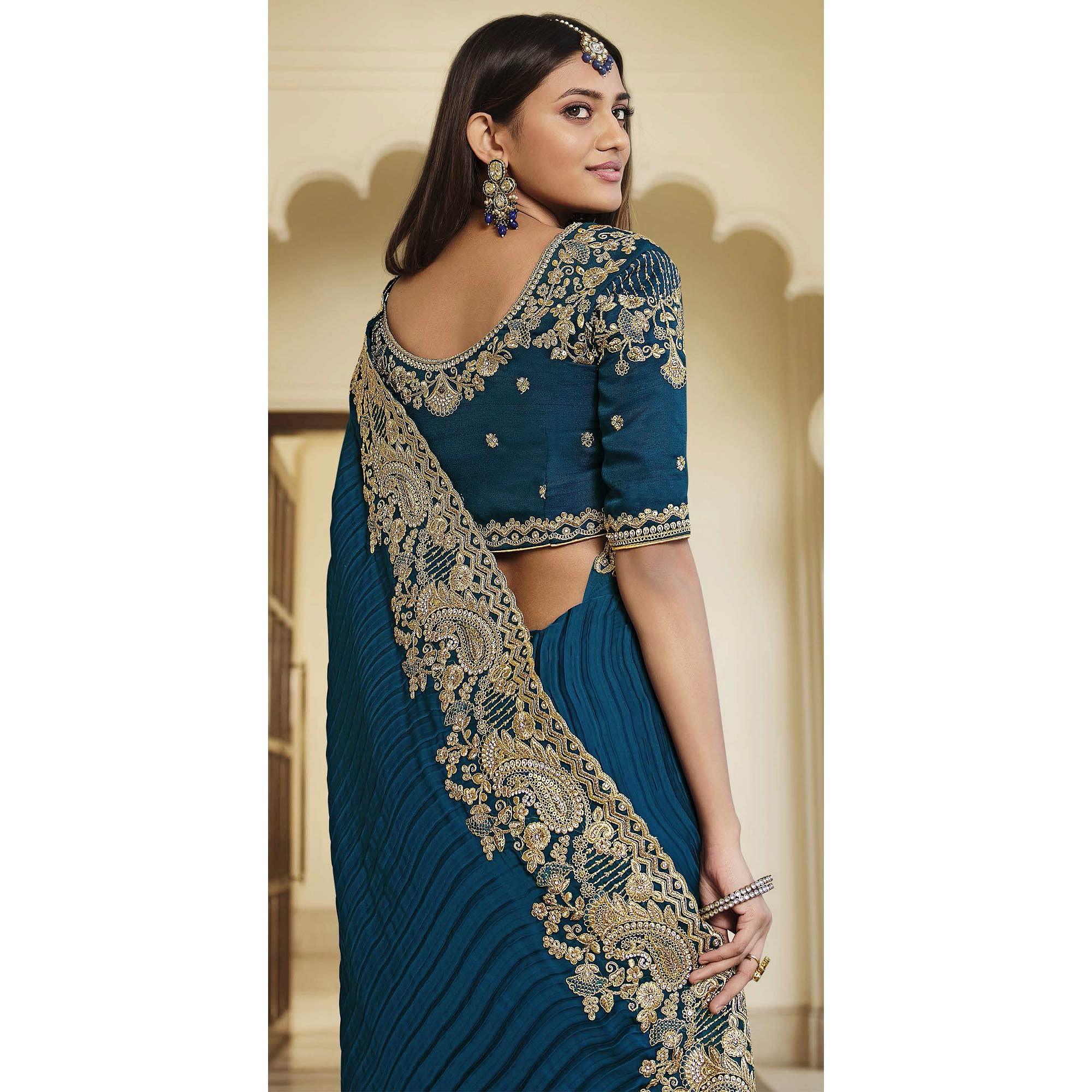 Royal Blue Party Wear Embroidered Satin Saree - Peachmode