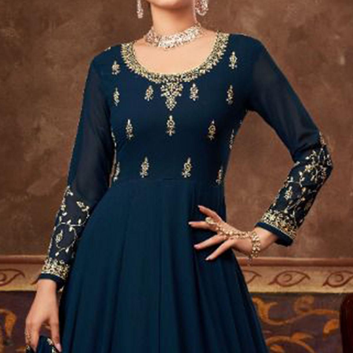 Royal Blue Partywear Embroidered Georgette Anarkali Suit - Peachmode